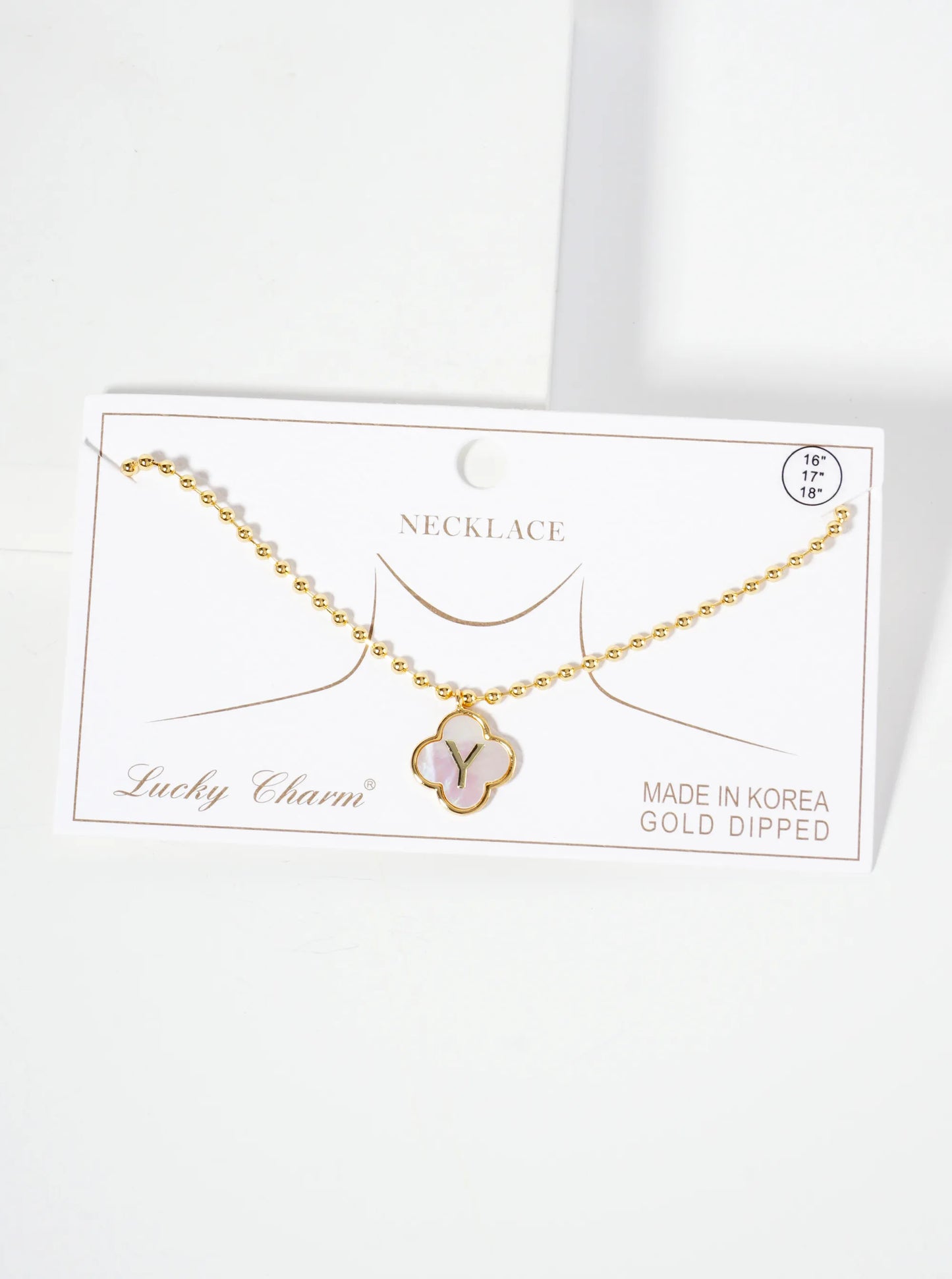14mm 18K-Gold-Dipped Brass Mother-of-Pearl Quatrefoil Initial Monogram Ball-Chain Necklace