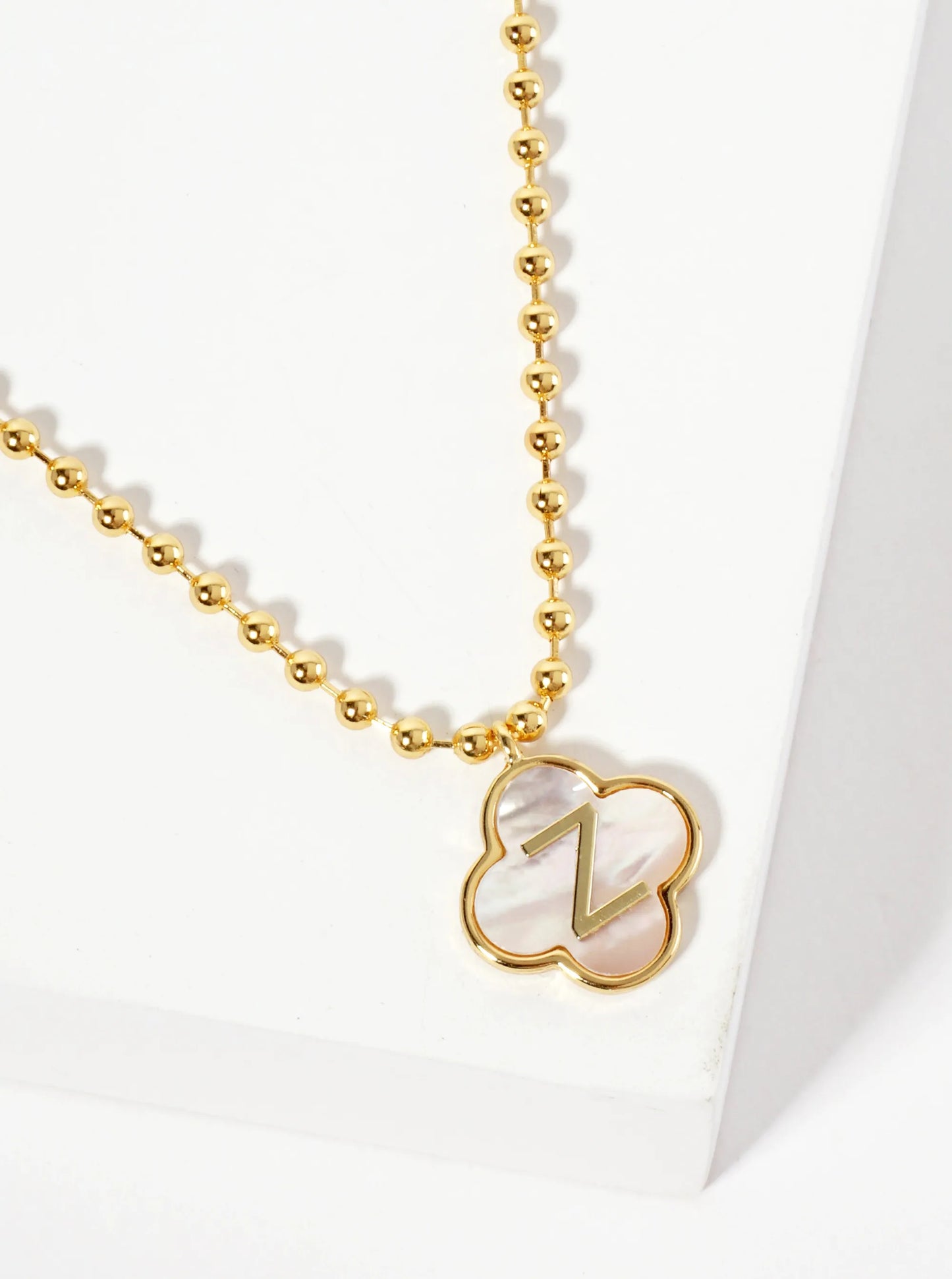 14mm 18K-Gold-Dipped Brass Mother-of-Pearl Quatrefoil Initial Monogram Ball-Chain Necklace