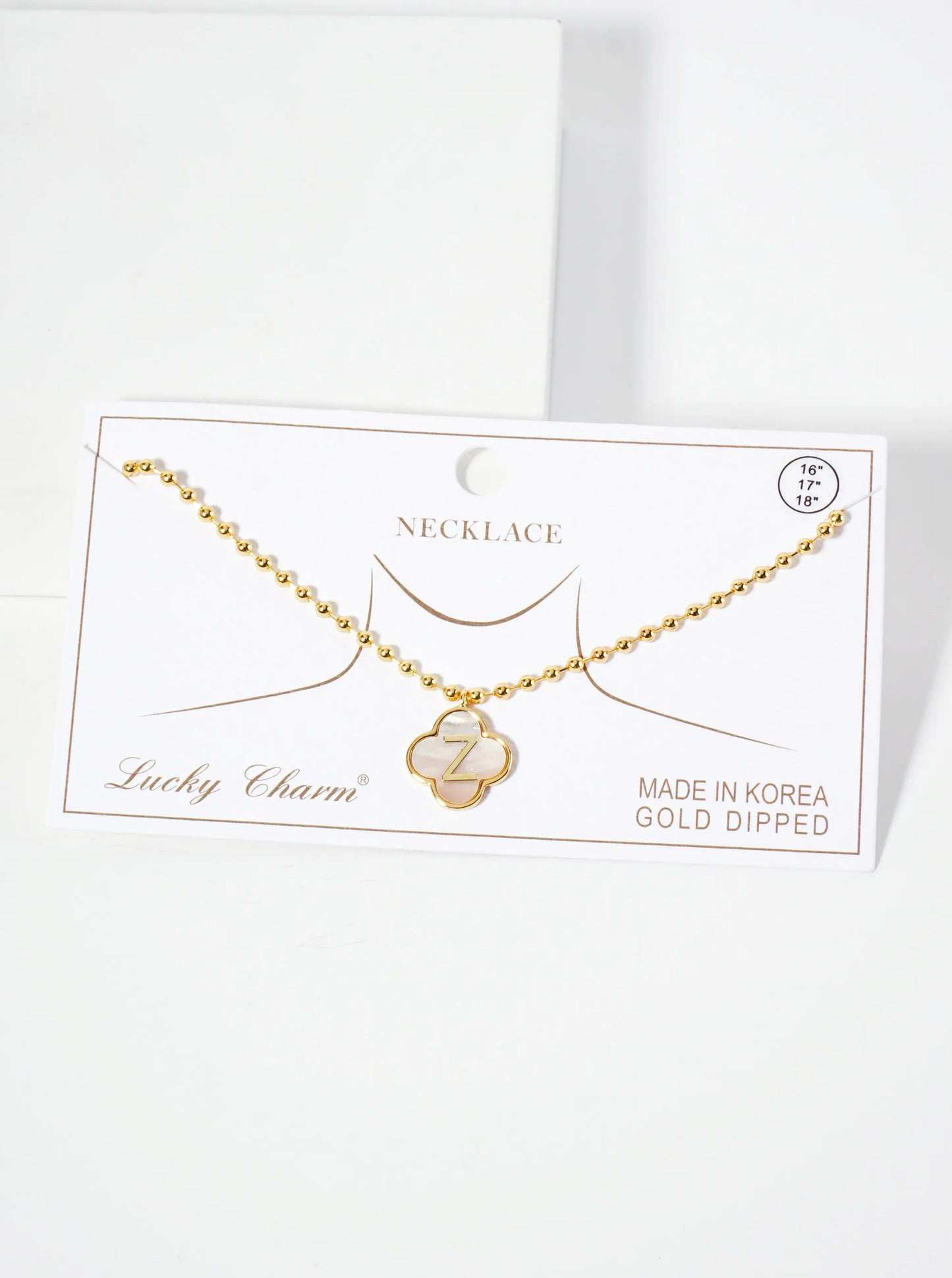 14mm 18K-Gold-Dipped Brass Mother-of-Pearl Quatrefoil Initial Monogram Ball-Chain Necklace