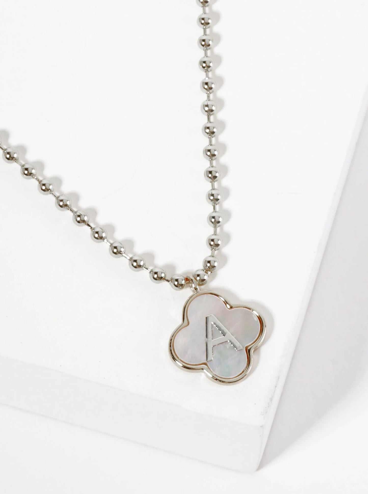 14mm 18K-Gold-Dipped Brass Mother-of-Pearl Quatrefoil Initial Monogram Ball-Chain Necklace