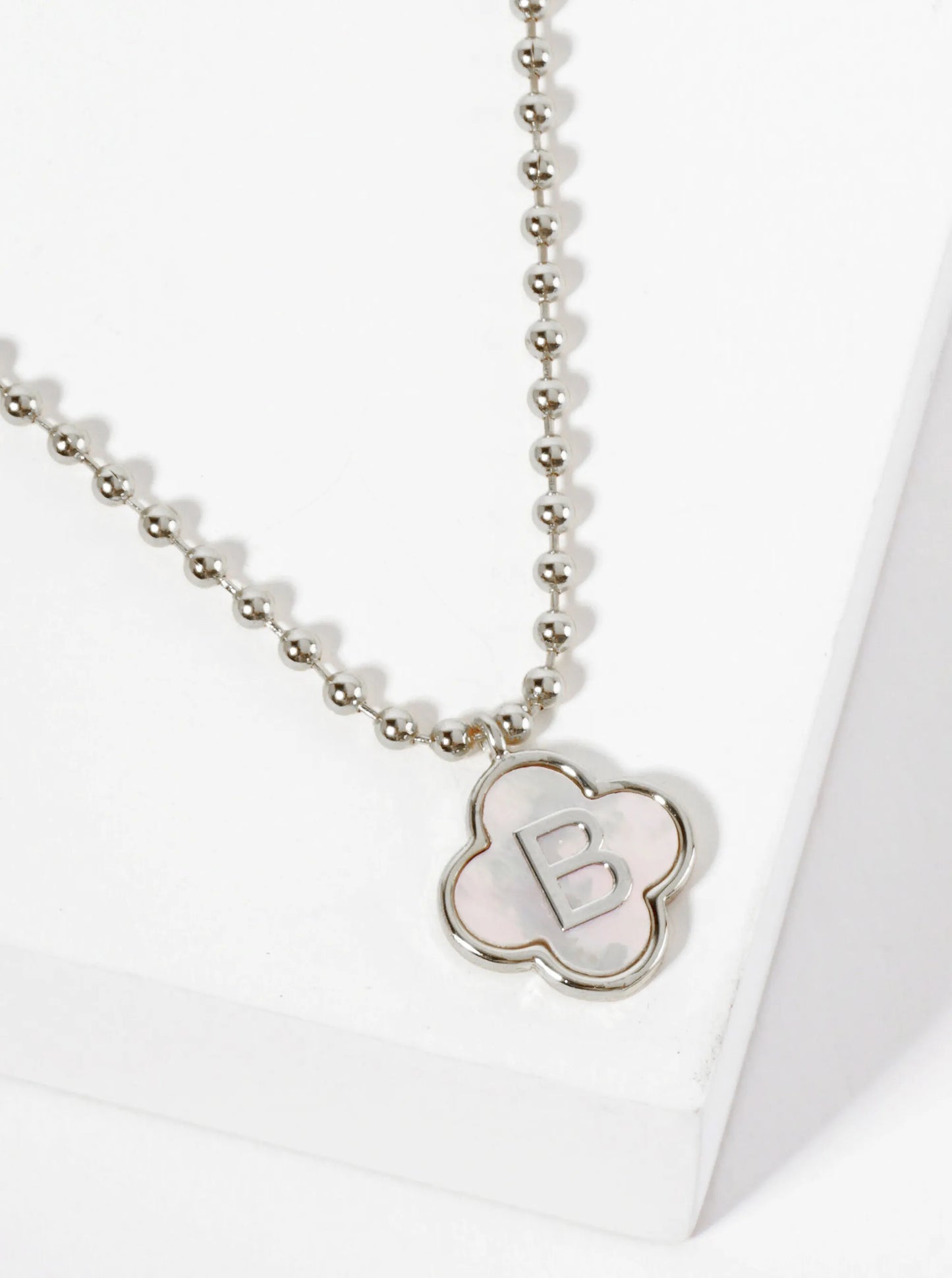 14mm 18K-Gold-Dipped Brass Mother-of-Pearl Quatrefoil Initial Monogram Ball-Chain Necklace
