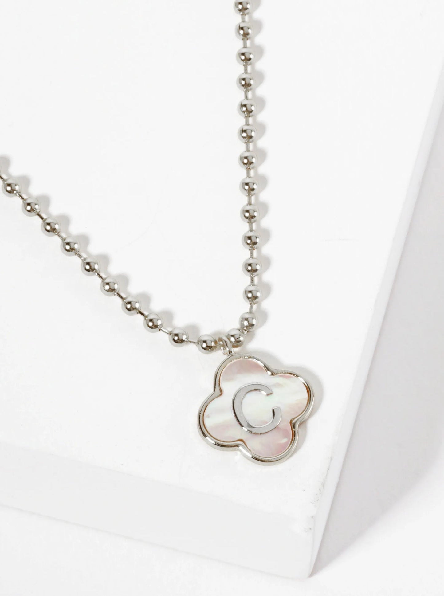14mm 18K-Gold-Dipped Brass Mother-of-Pearl Quatrefoil Initial Monogram Ball-Chain Necklace