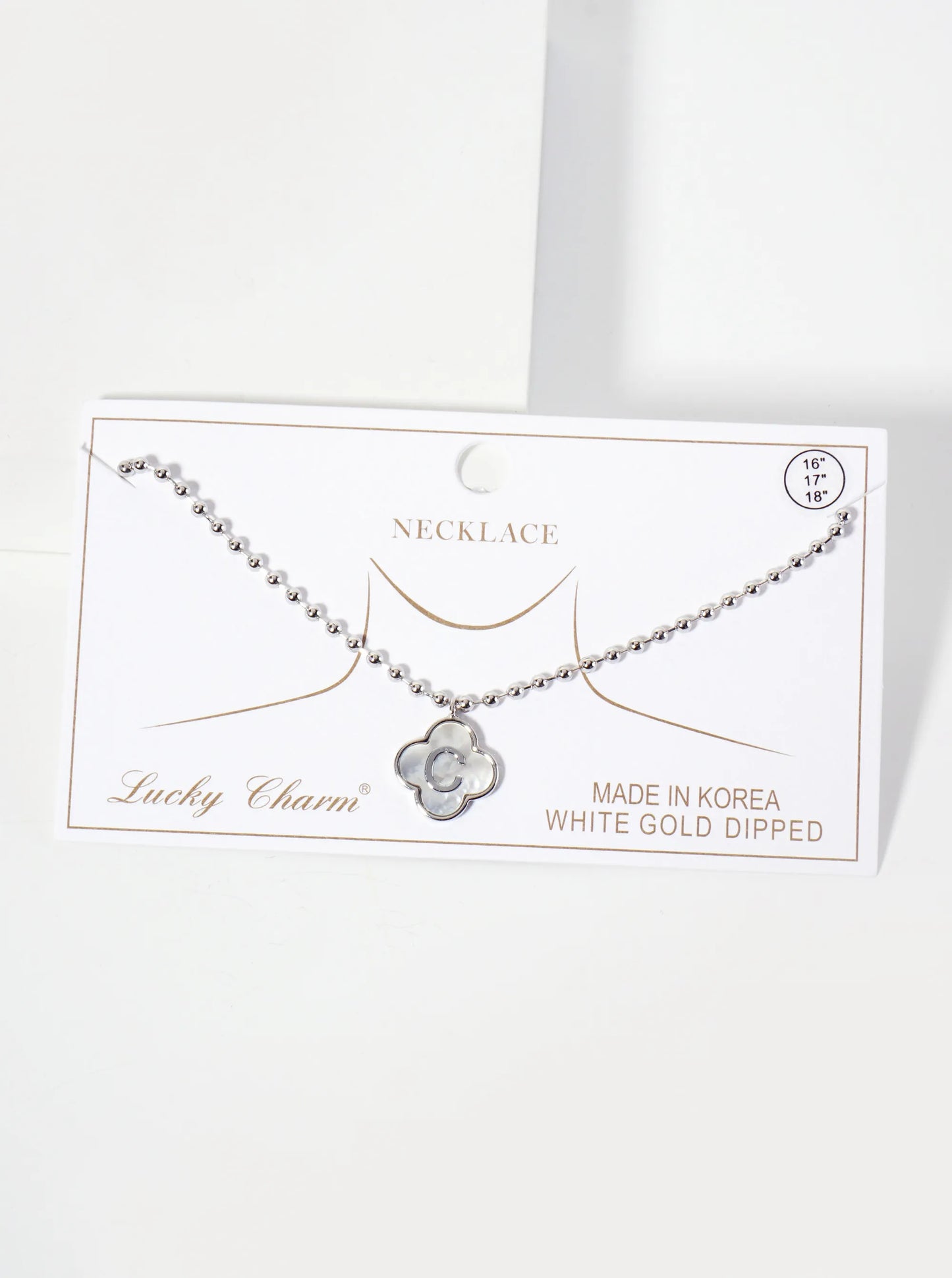14mm 18K-Gold-Dipped Brass Mother-of-Pearl Quatrefoil Initial Monogram Ball-Chain Necklace