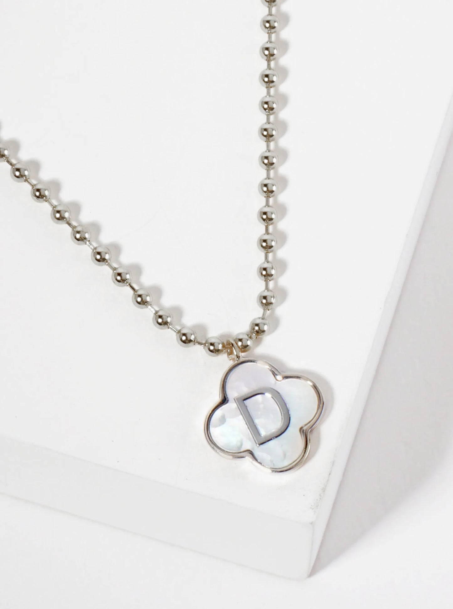 14mm 18K-Gold-Dipped Brass Mother-of-Pearl Quatrefoil Initial Monogram Ball-Chain Necklace