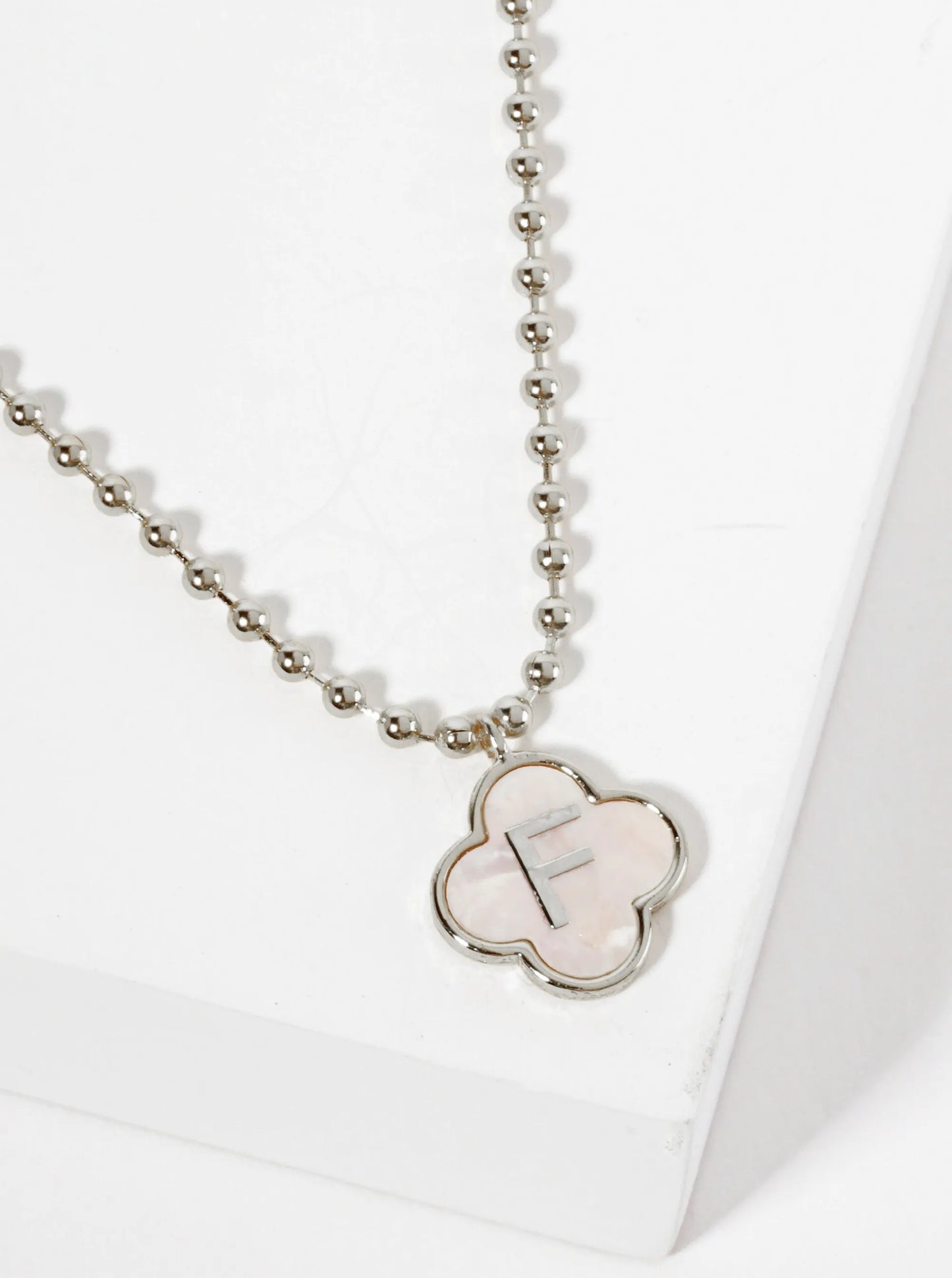 14mm 18K-Gold-Dipped Brass Mother-of-Pearl Quatrefoil Initial Monogram Ball-Chain Necklace