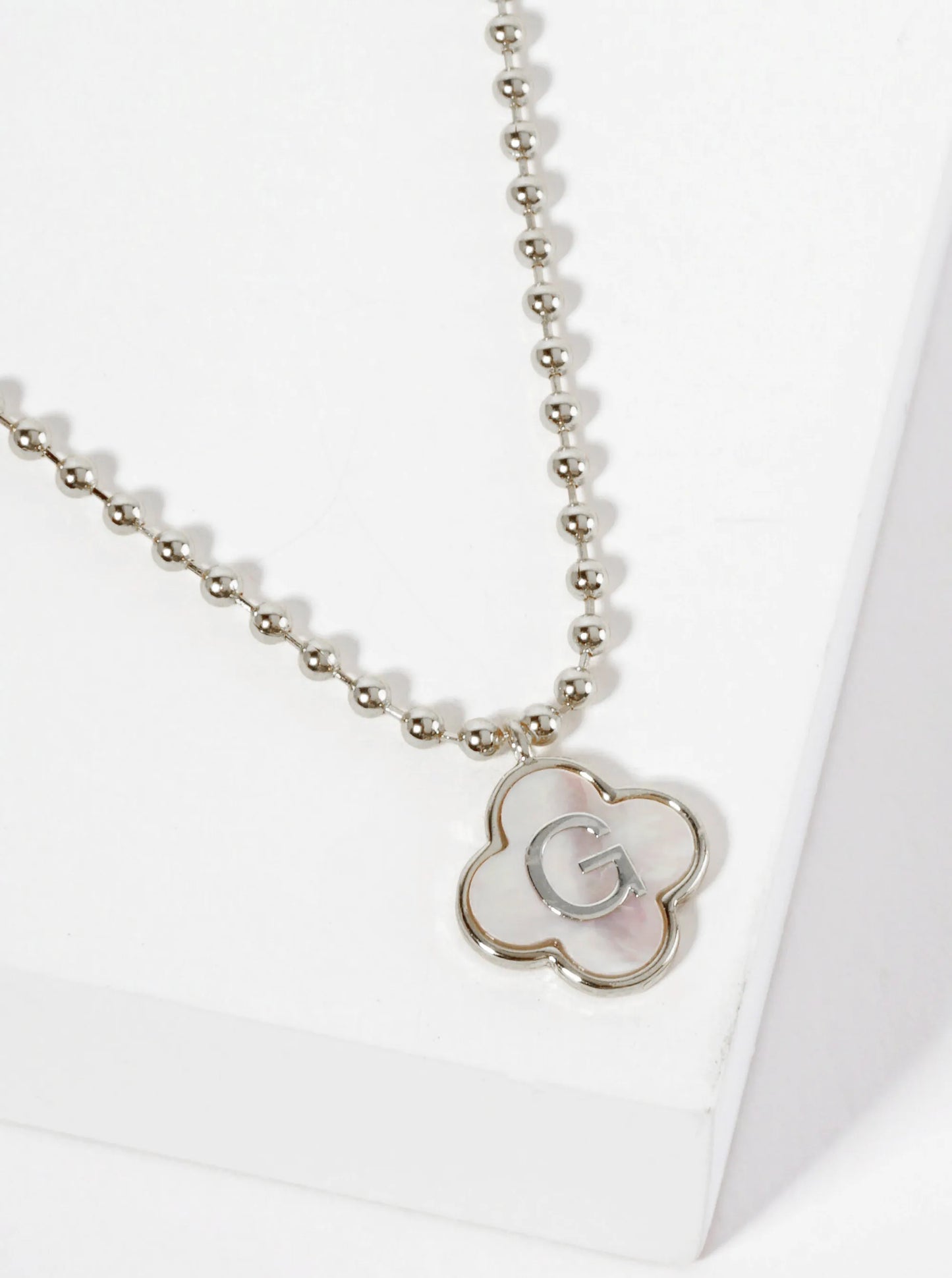 14mm 18K-Gold-Dipped Brass Mother-of-Pearl Quatrefoil Initial Monogram Ball-Chain Necklace
