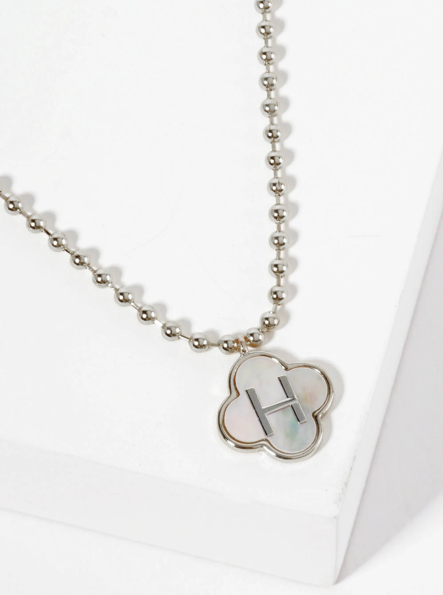 14mm 18K-Gold-Dipped Brass Mother-of-Pearl Quatrefoil Initial Monogram Ball-Chain Necklace