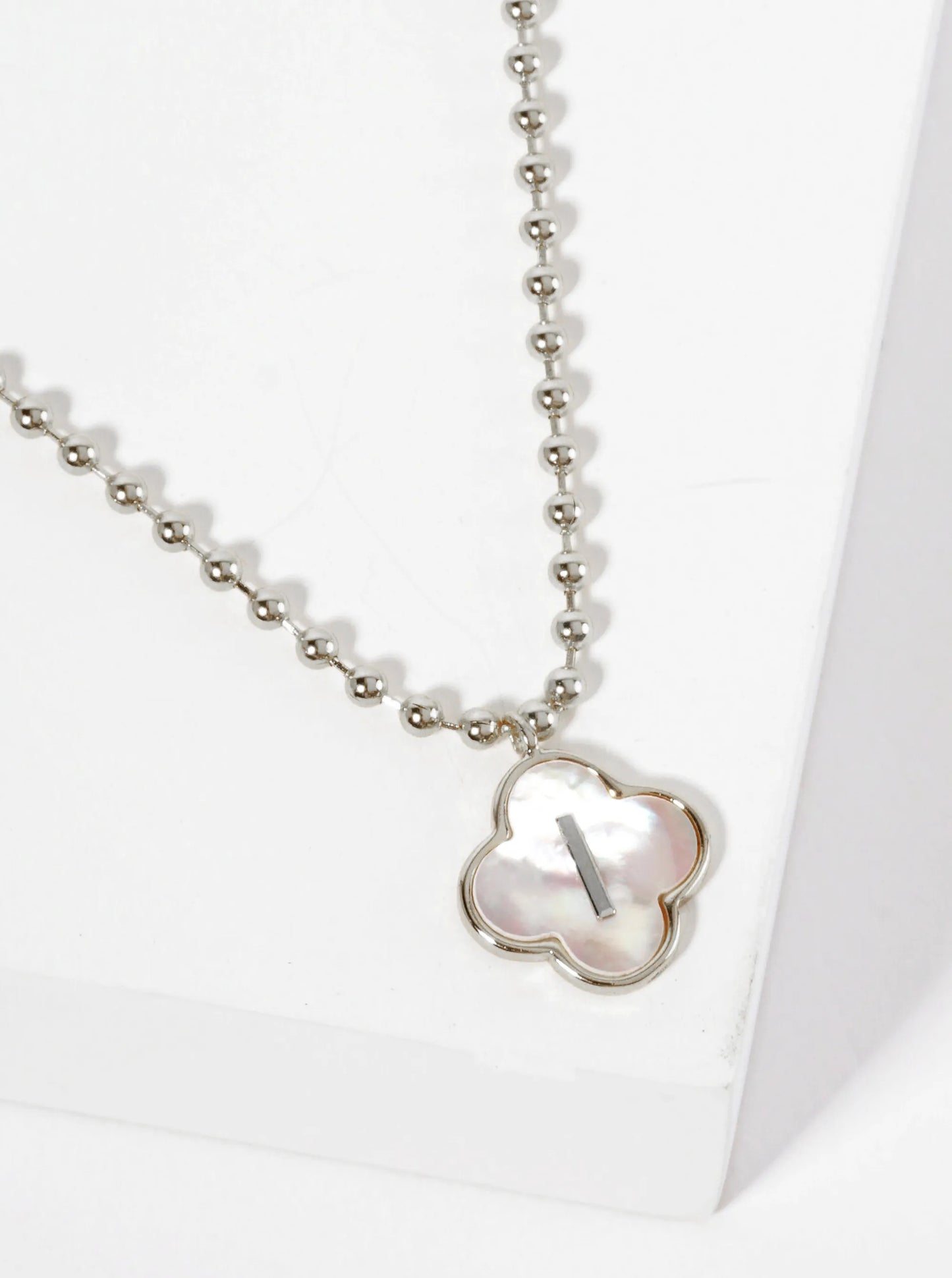 14mm 18K-Gold-Dipped Brass Mother-of-Pearl Quatrefoil Initial Monogram Ball-Chain Necklace
