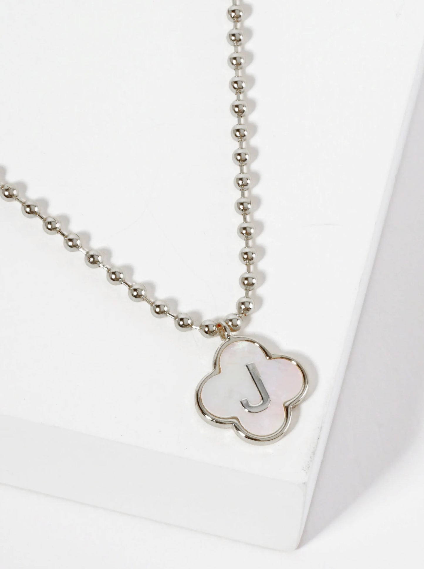 14mm 18K-Gold-Dipped Brass Mother-of-Pearl Quatrefoil Initial Monogram Ball-Chain Necklace