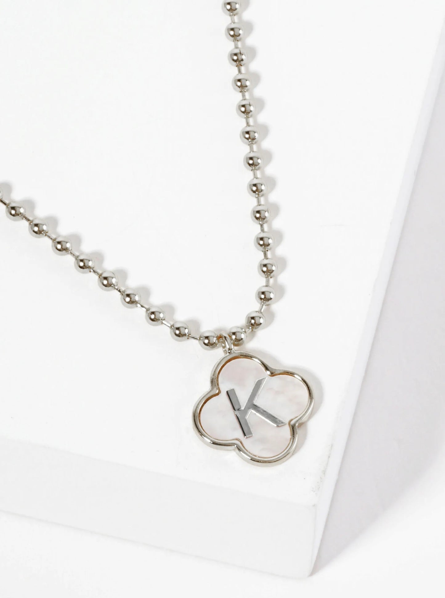 14mm 18K-Gold-Dipped Brass Mother-of-Pearl Quatrefoil Initial Monogram Ball-Chain Necklace