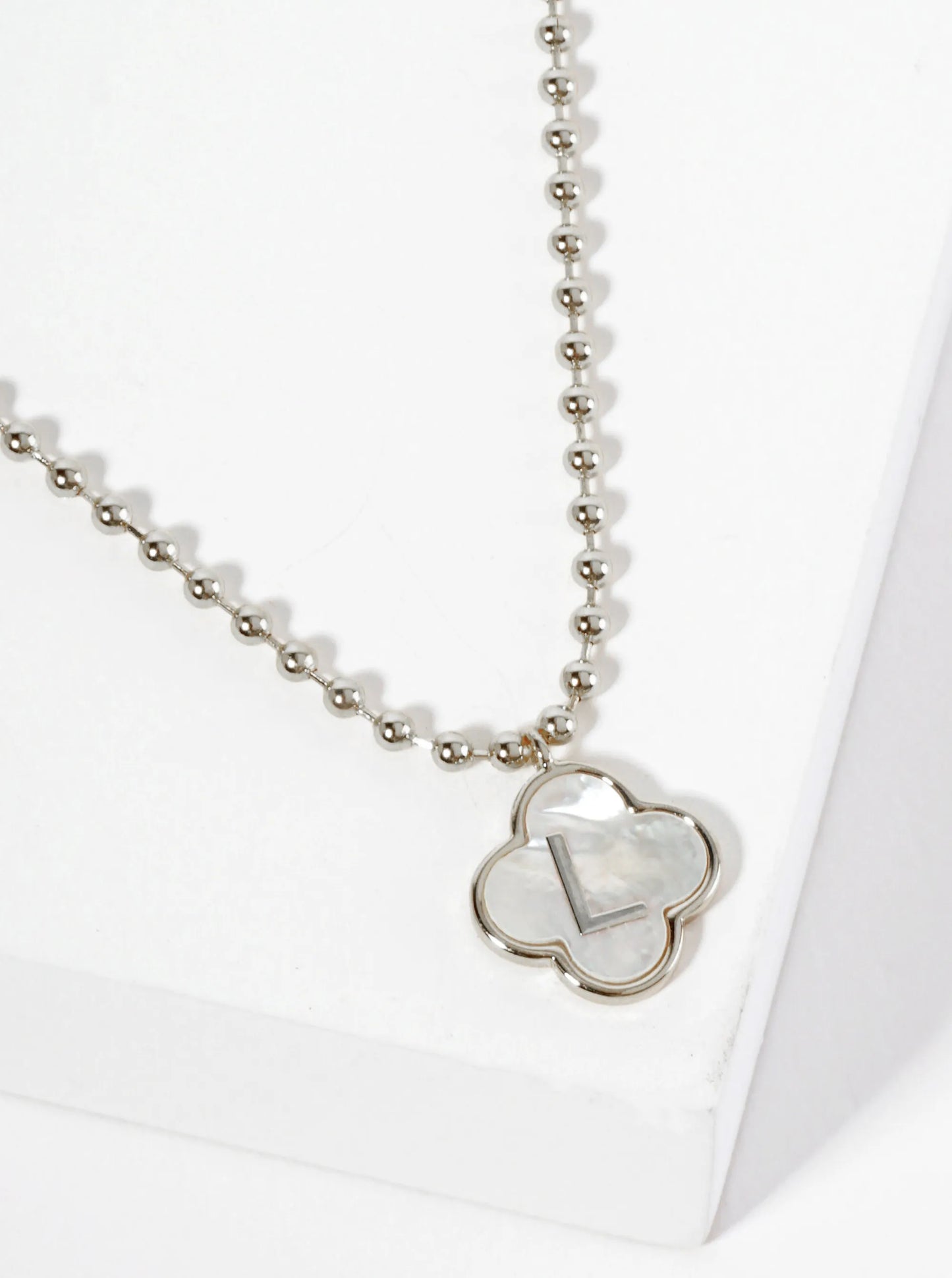 14mm 18K-Gold-Dipped Brass Mother-of-Pearl Quatrefoil Initial Monogram Ball-Chain Necklace