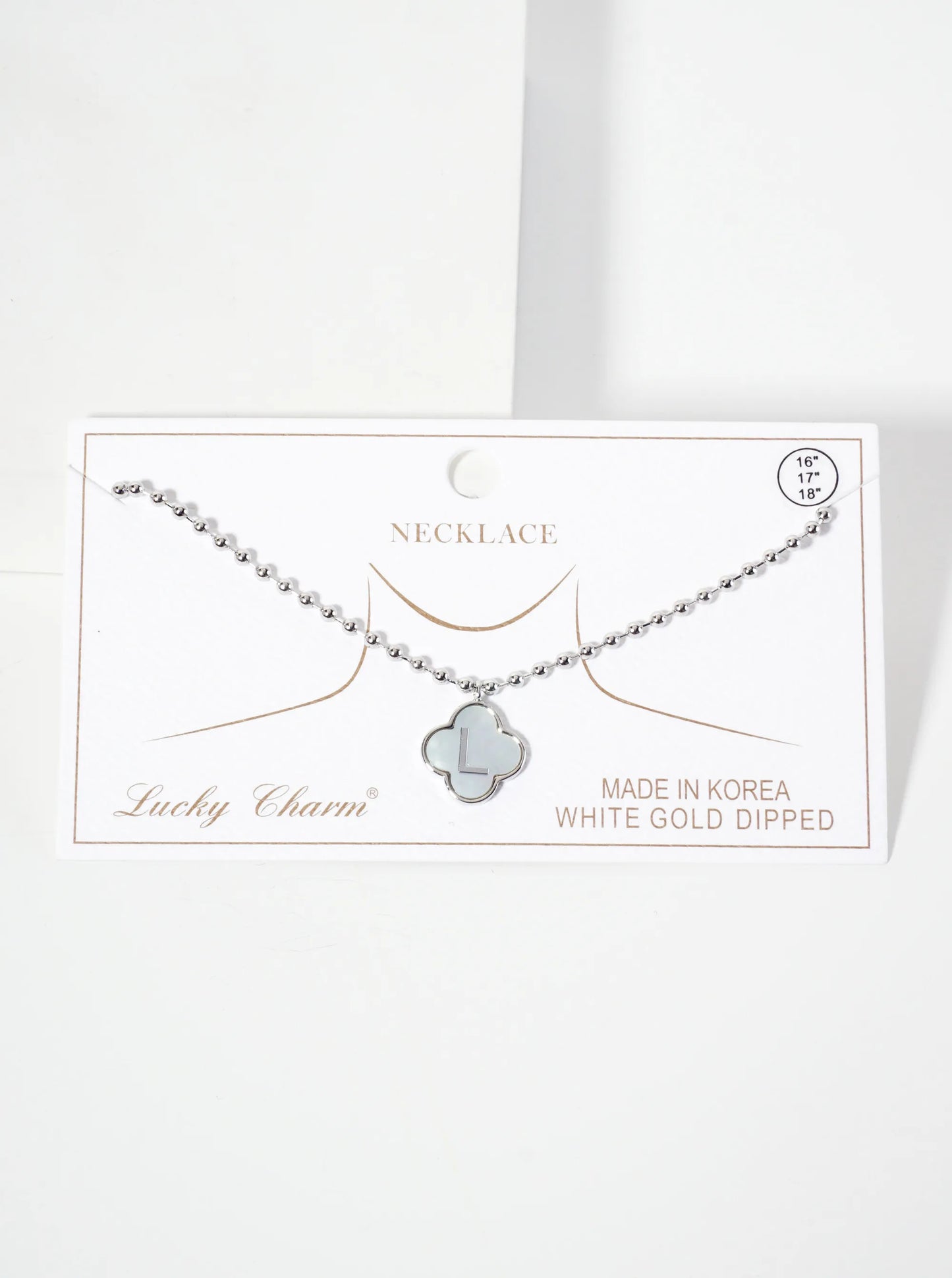 14mm 18K-Gold-Dipped Brass Mother-of-Pearl Quatrefoil Initial Monogram Ball-Chain Necklace