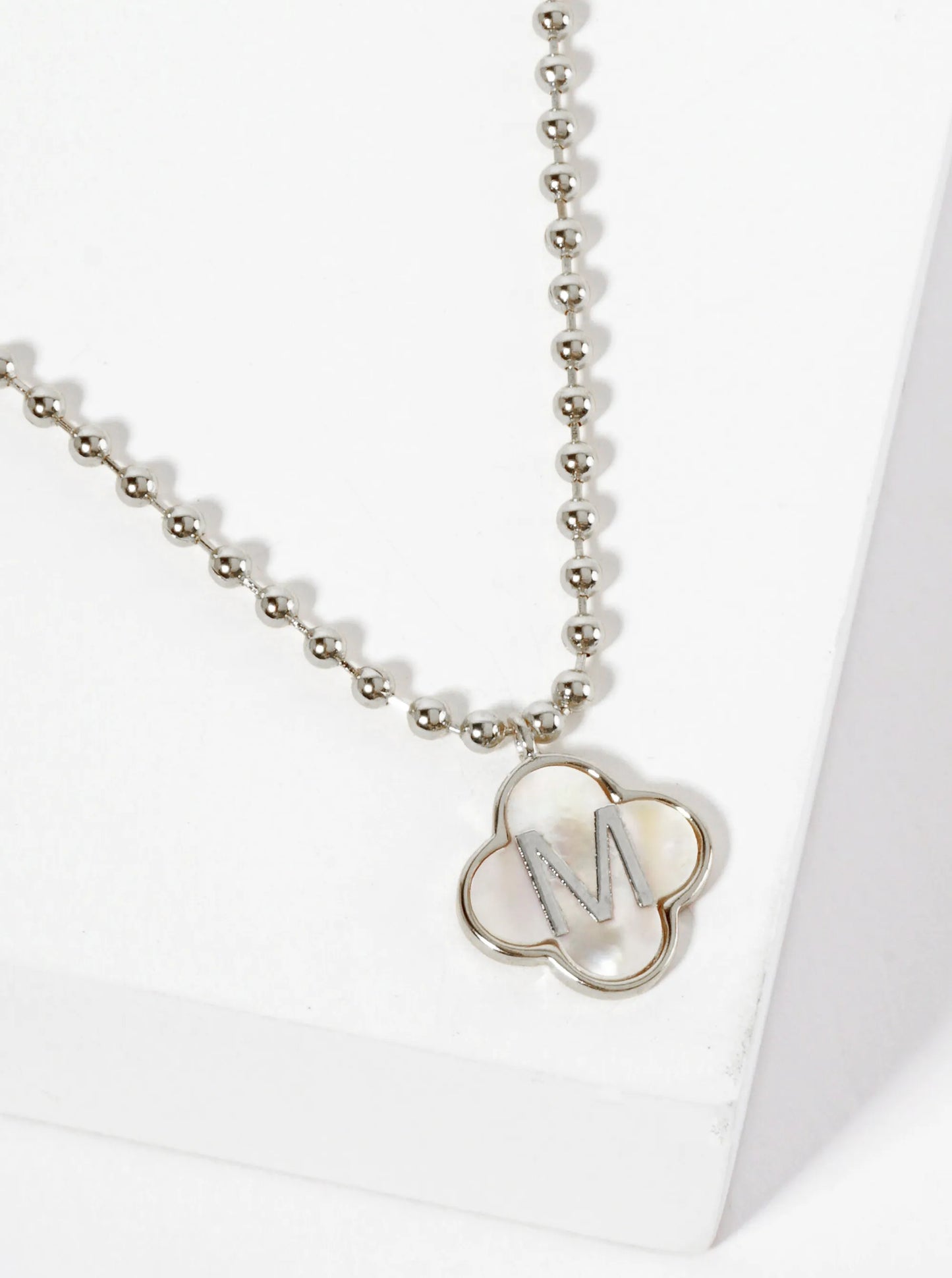 14mm 18K-Gold-Dipped Brass Mother-of-Pearl Quatrefoil Initial Monogram Ball-Chain Necklace