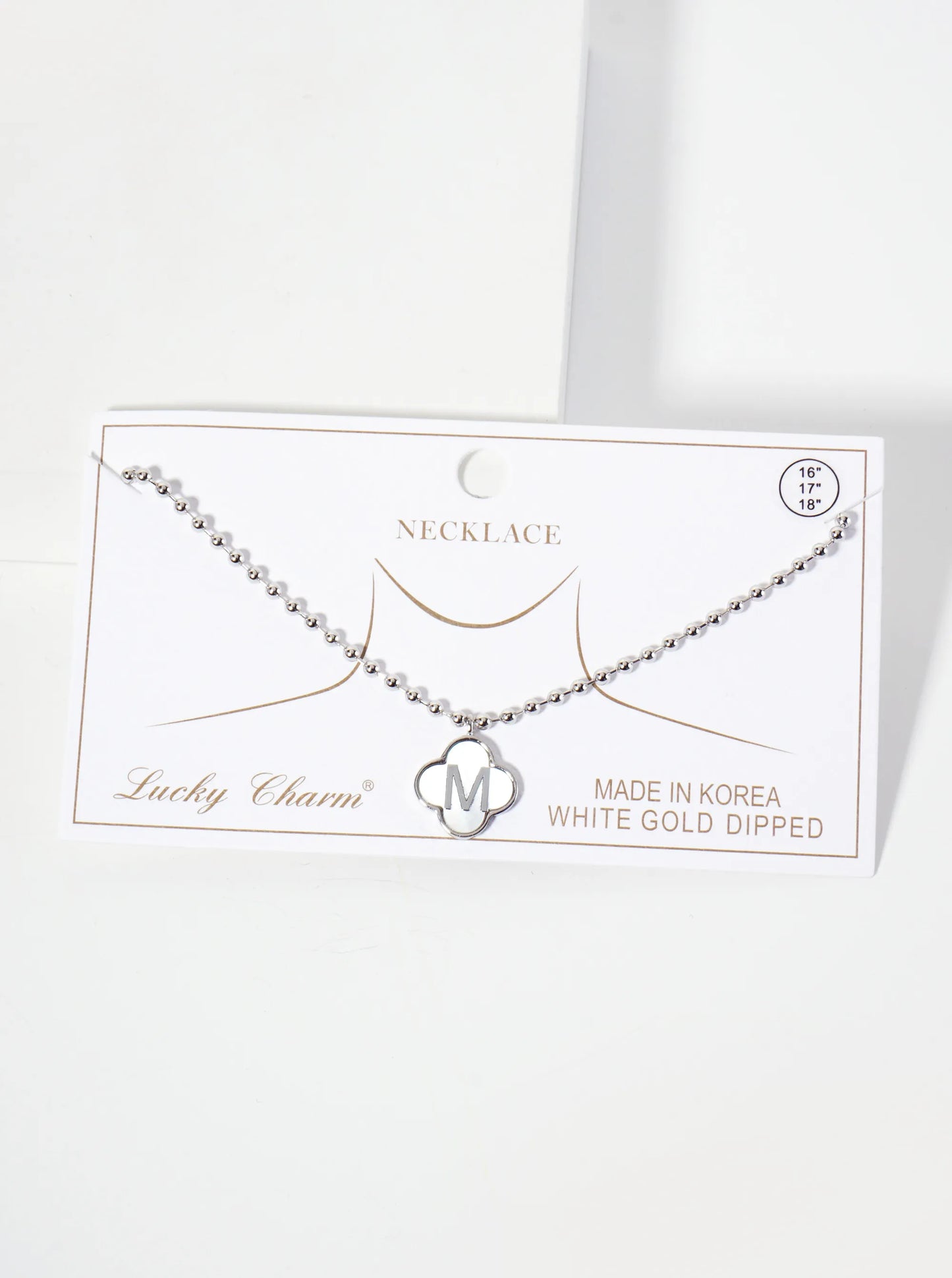 14mm 18K-Gold-Dipped Brass Mother-of-Pearl Quatrefoil Initial Monogram Ball-Chain Necklace
