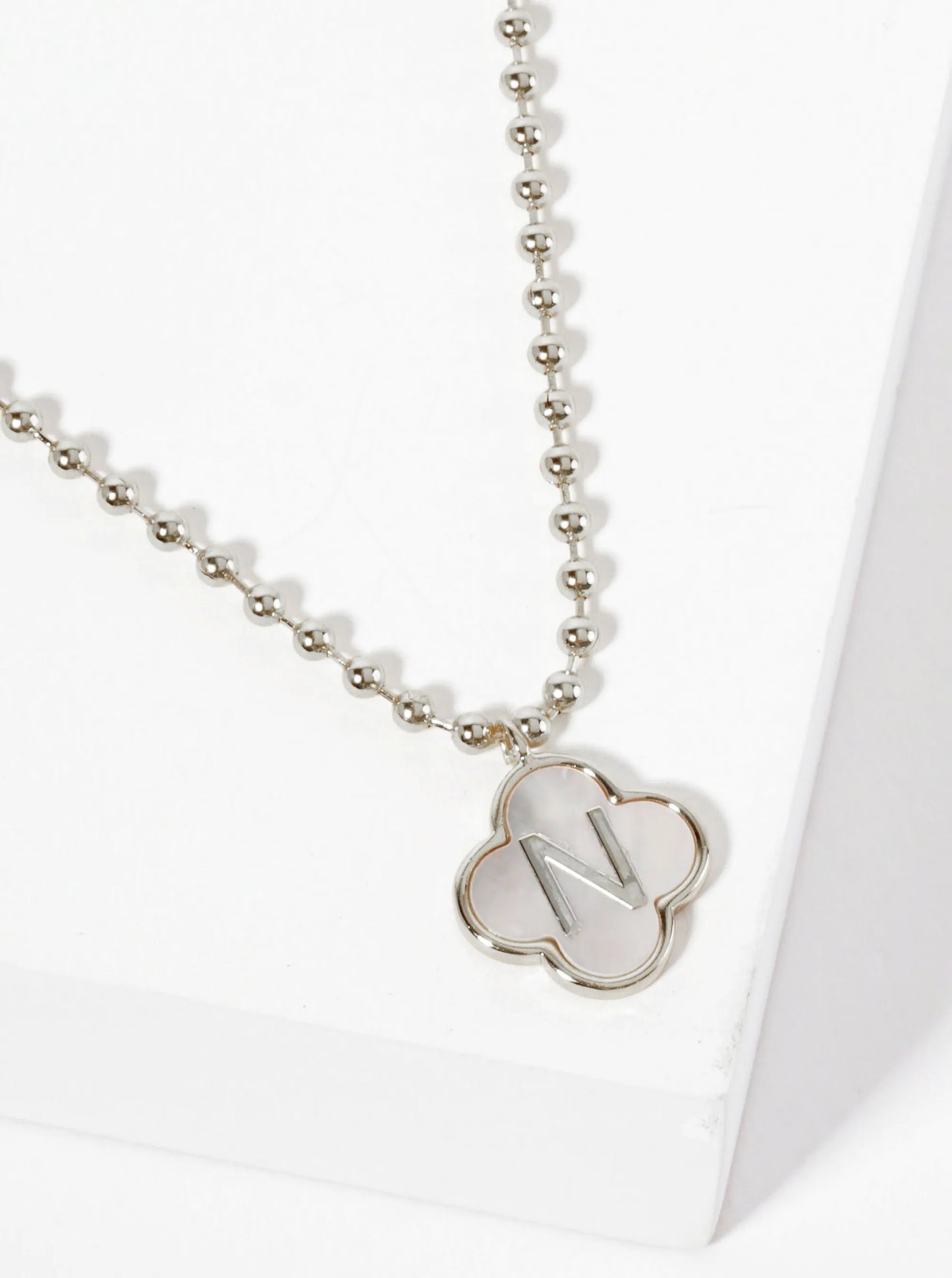 14mm 18K-Gold-Dipped Brass Mother-of-Pearl Quatrefoil Initial Monogram Ball-Chain Necklace