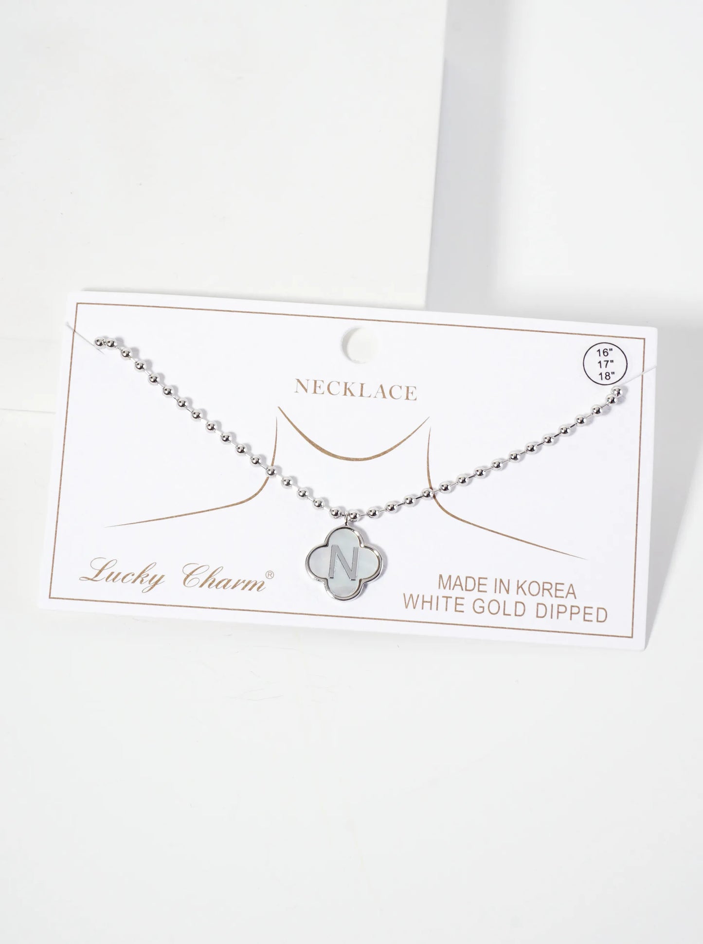 14mm 18K-Gold-Dipped Brass Mother-of-Pearl Quatrefoil Initial Monogram Ball-Chain Necklace