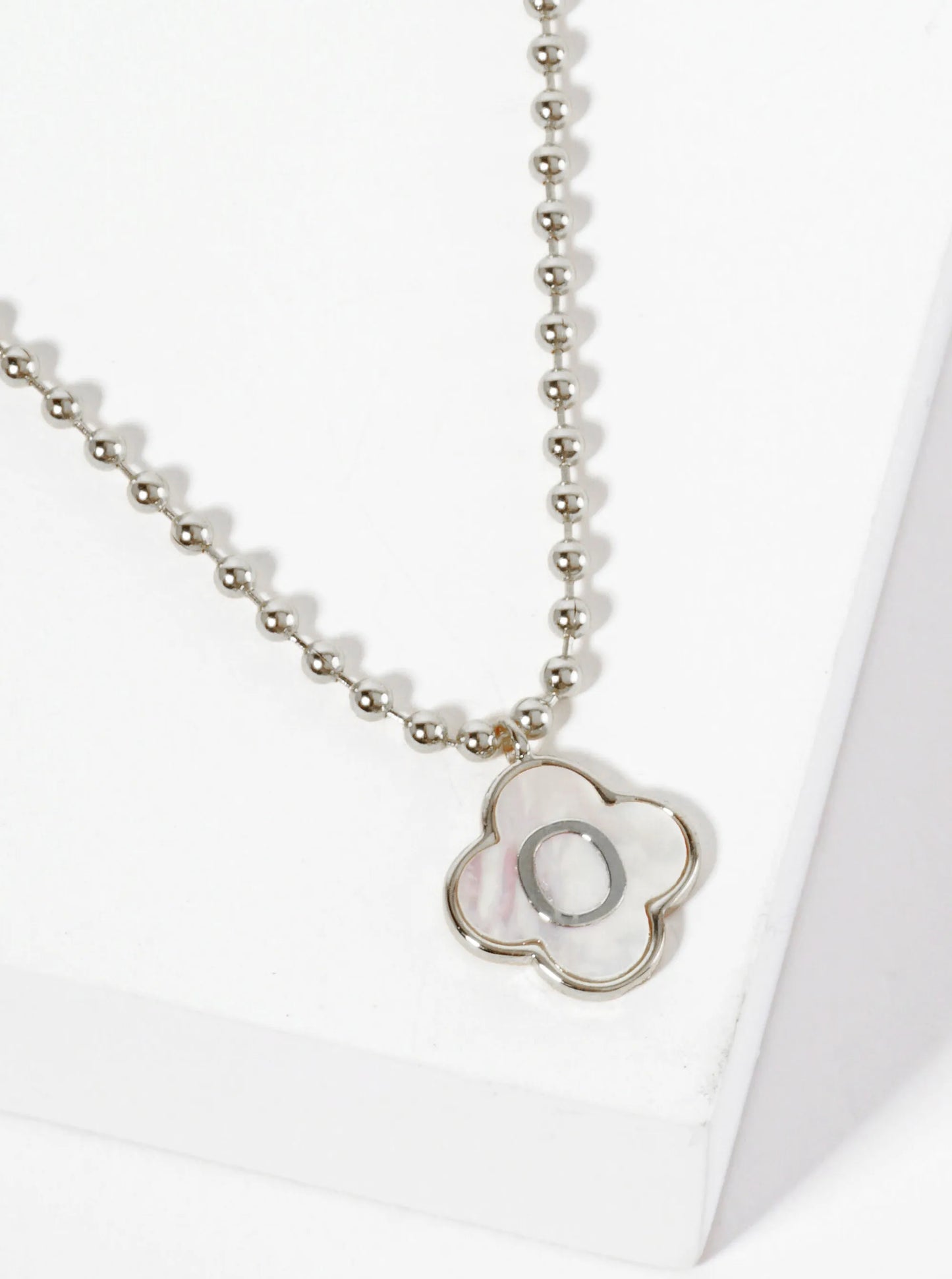 14mm 18K-Gold-Dipped Brass Mother-of-Pearl Quatrefoil Initial Monogram Ball-Chain Necklace