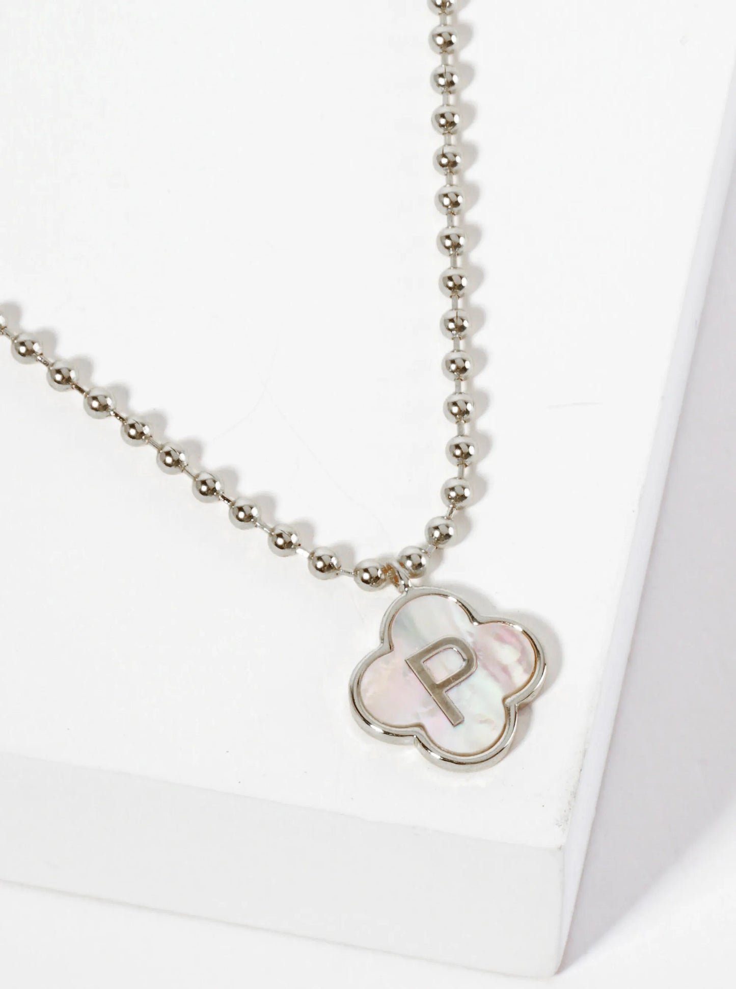 14mm 18K-Gold-Dipped Brass Mother-of-Pearl Quatrefoil Initial Monogram Ball-Chain Necklace