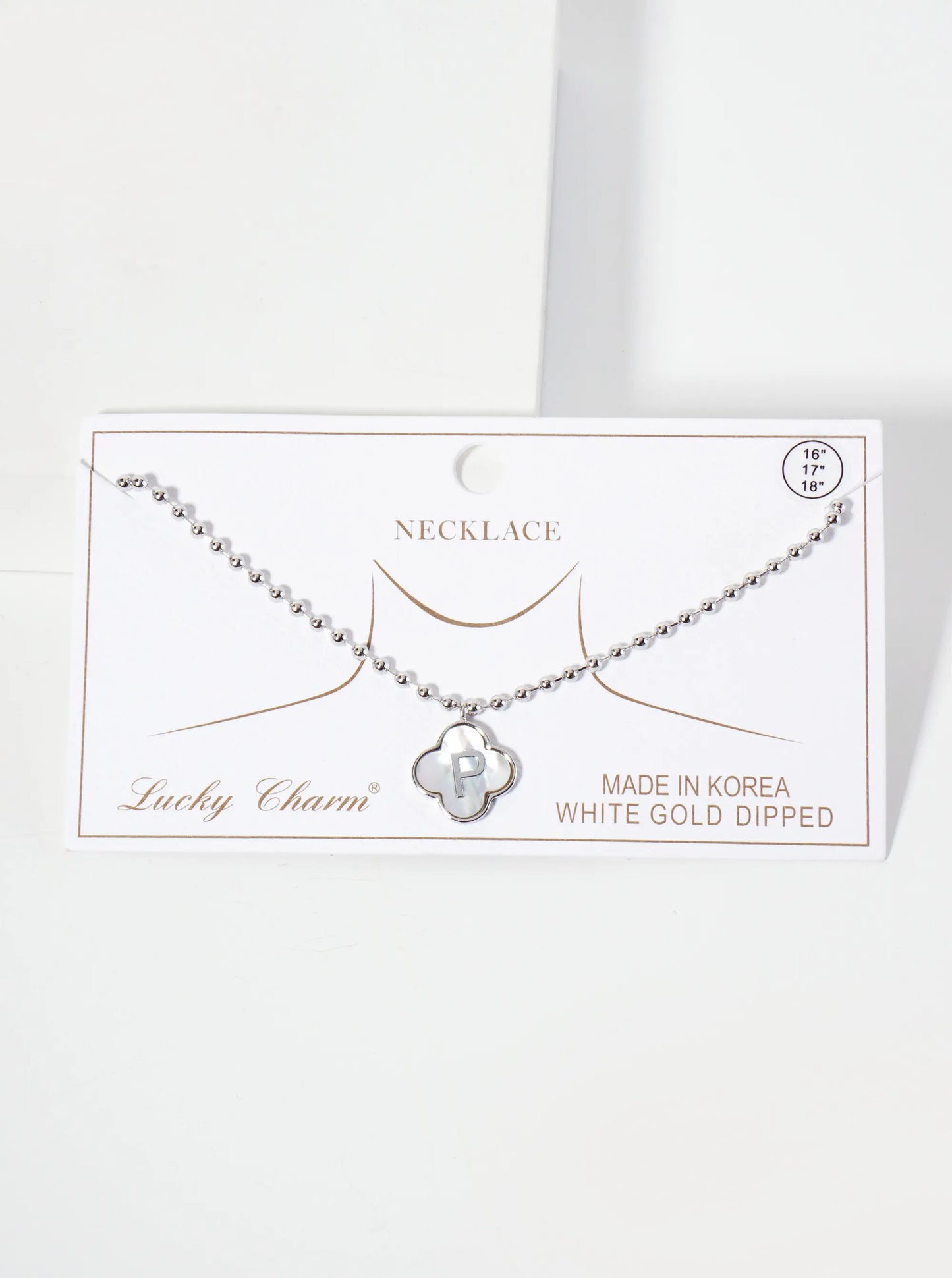14mm 18K-Gold-Dipped Brass Mother-of-Pearl Quatrefoil Initial Monogram Ball-Chain Necklace