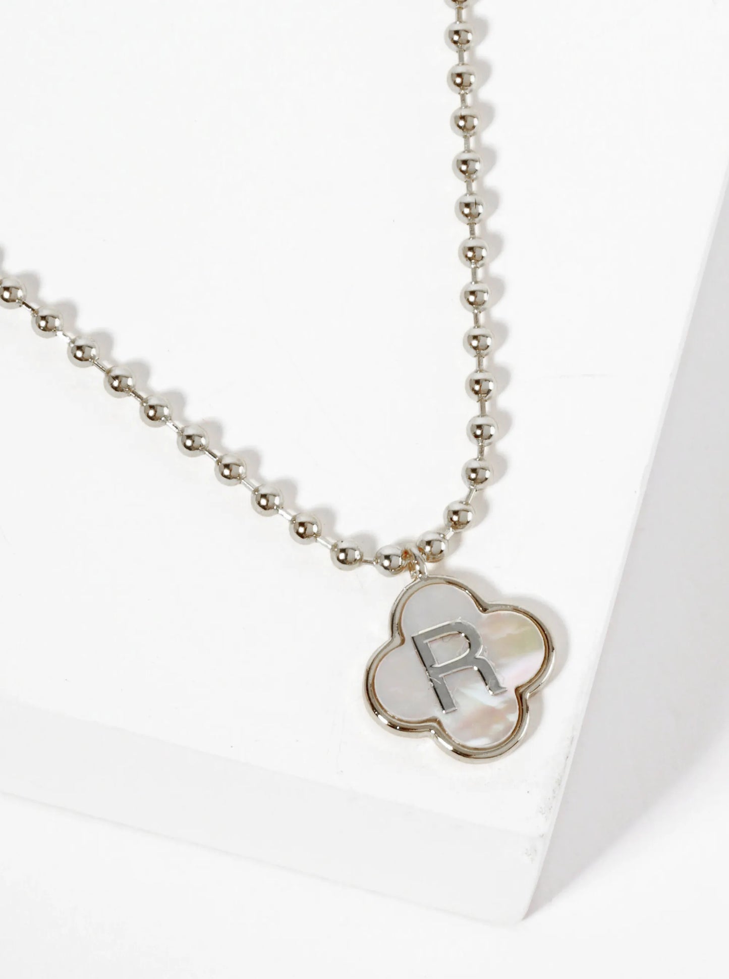 14mm 18K-Gold-Dipped Brass Mother-of-Pearl Quatrefoil Initial Monogram Ball-Chain Necklace