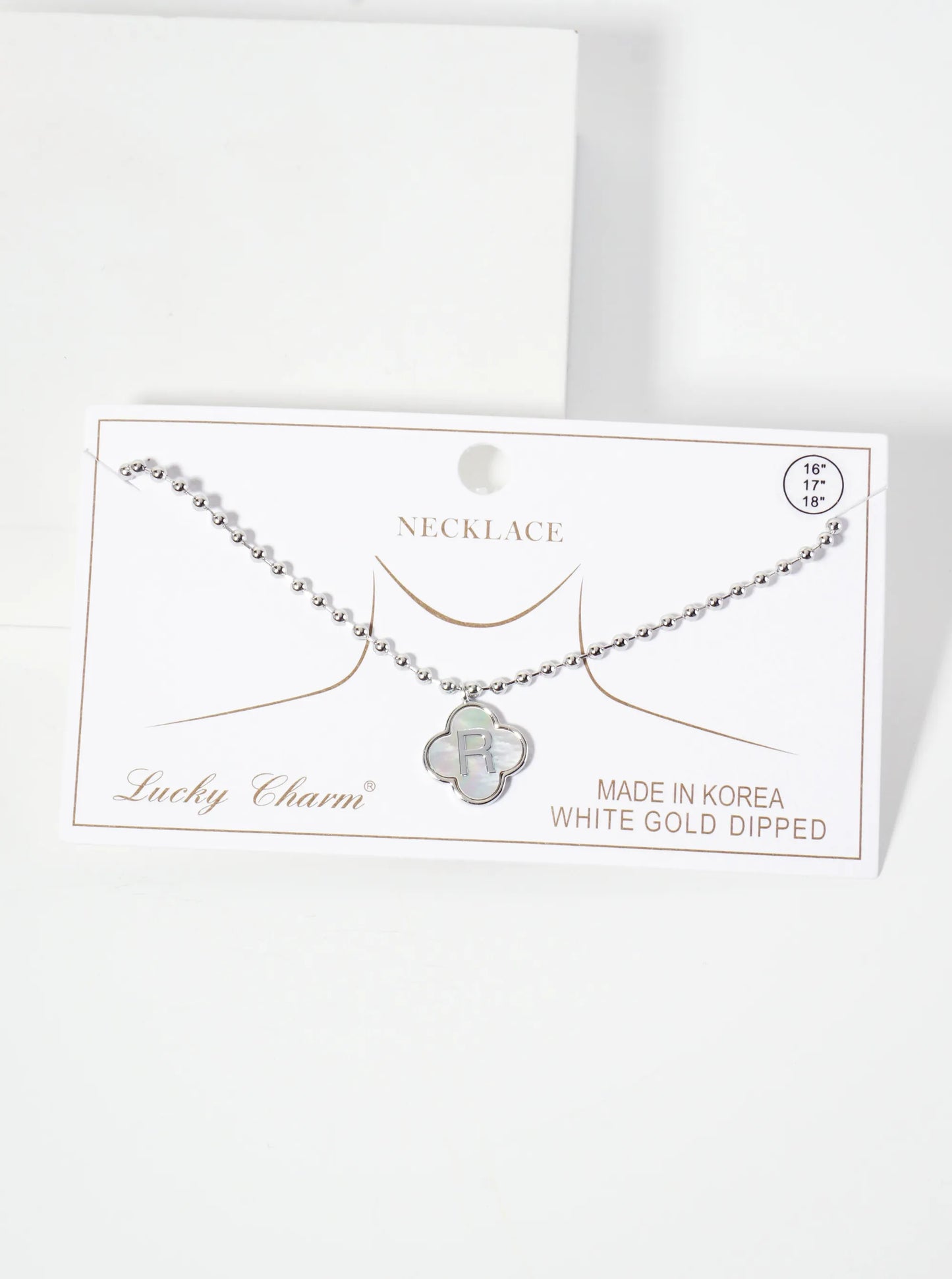 14mm 18K-Gold-Dipped Brass Mother-of-Pearl Quatrefoil Initial Monogram Ball-Chain Necklace