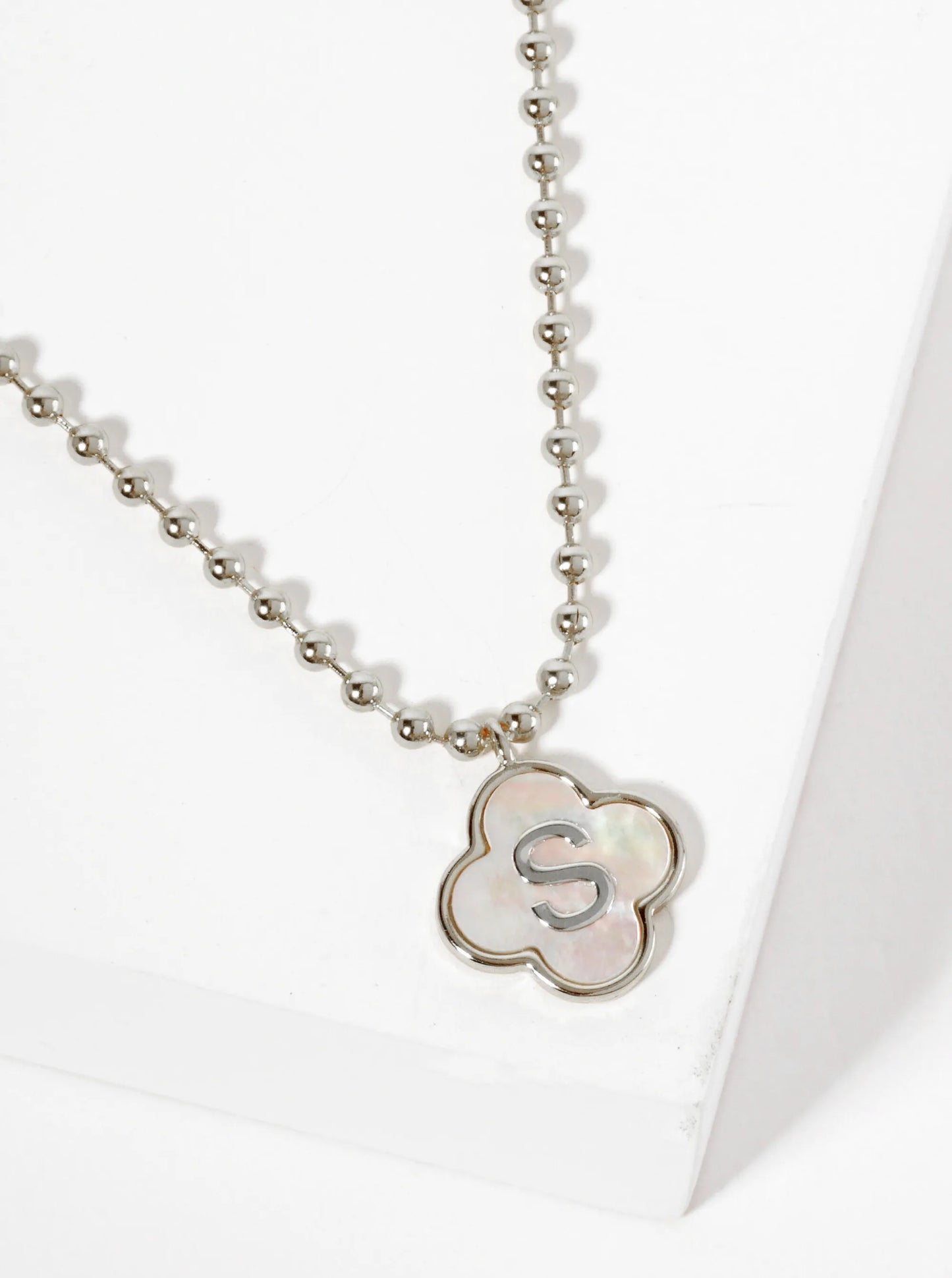 14mm 18K-Gold-Dipped Brass Mother-of-Pearl Quatrefoil Initial Monogram Ball-Chain Necklace