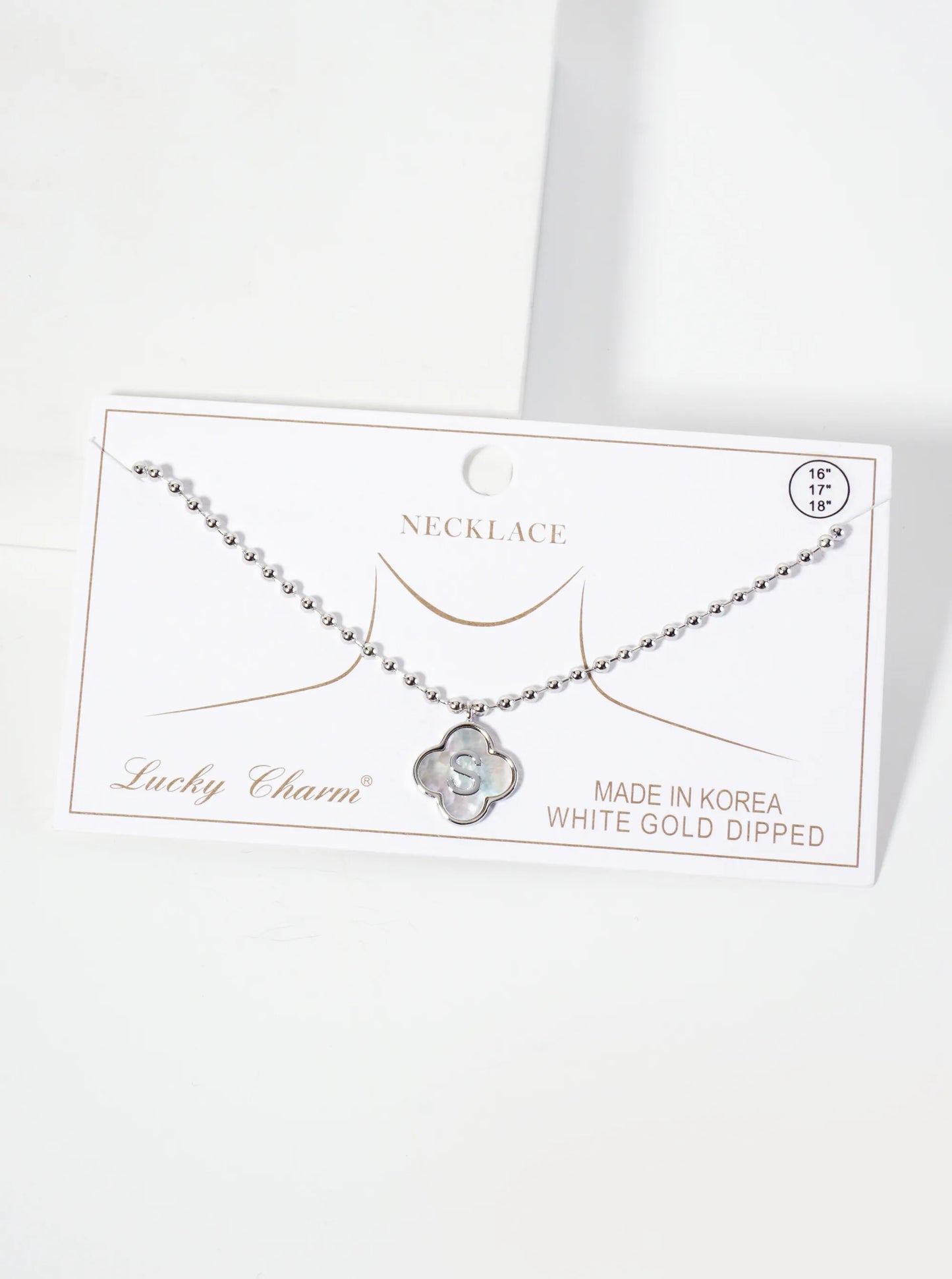 14mm 18K-Gold-Dipped Brass Mother-of-Pearl Quatrefoil Initial Monogram Ball-Chain Necklace