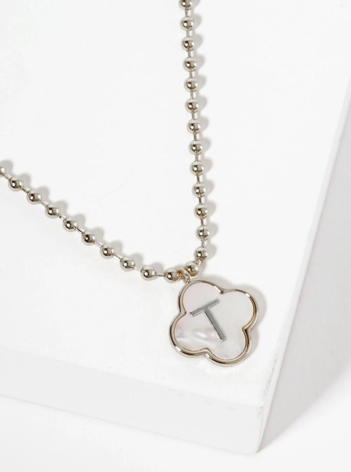 14mm 18K-Gold-Dipped Brass Mother-of-Pearl Quatrefoil Initial Monogram Ball-Chain Necklace