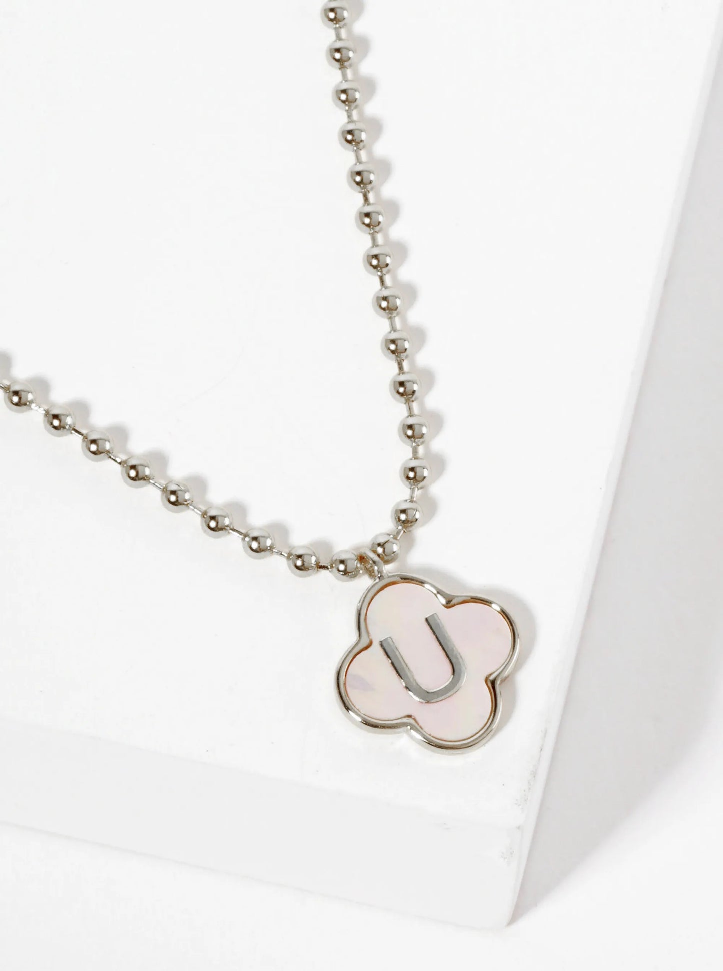 14mm 18K-Gold-Dipped Brass Mother-of-Pearl Quatrefoil Initial Monogram Ball-Chain Necklace
