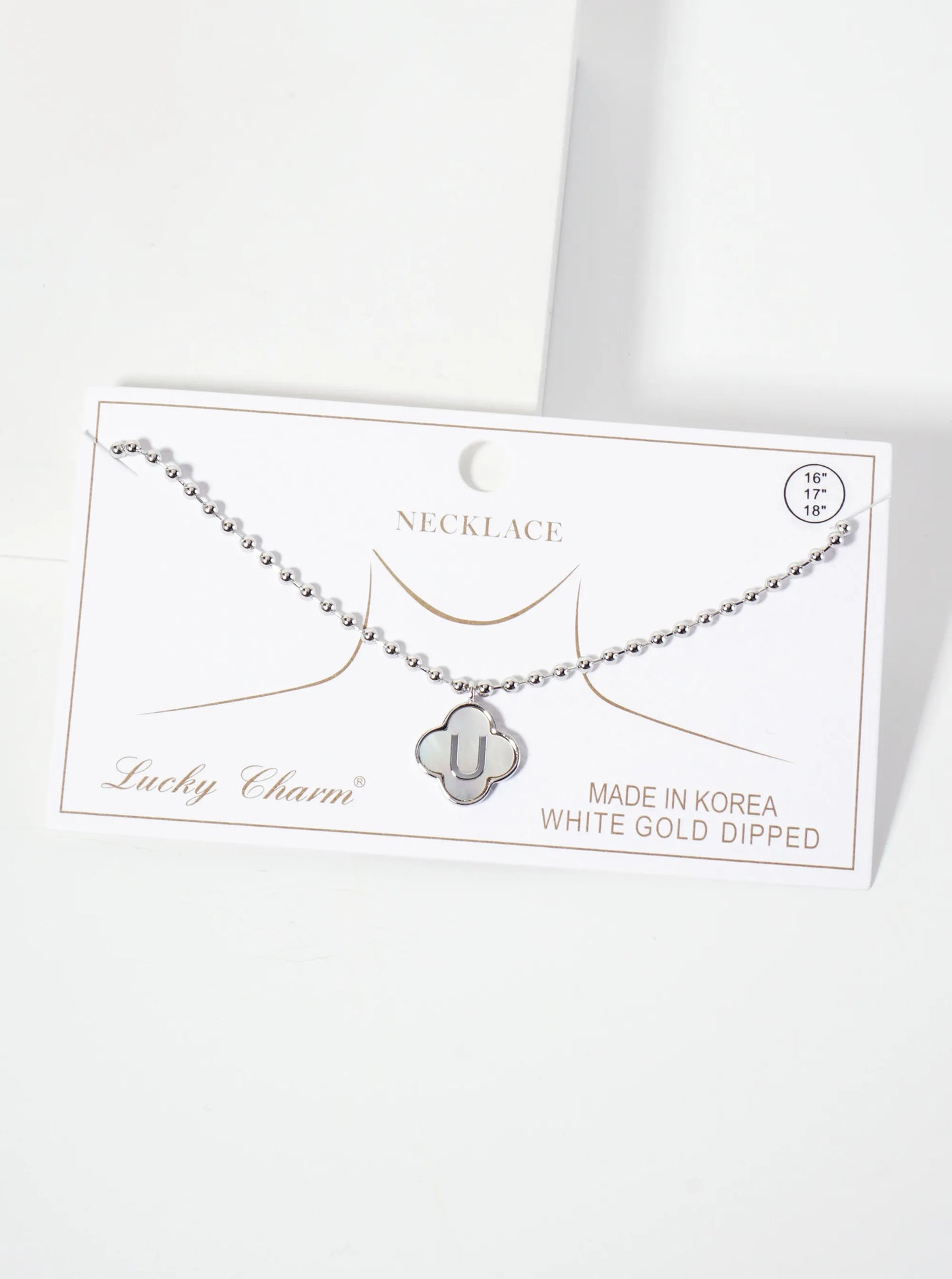 14mm 18K-Gold-Dipped Brass Mother-of-Pearl Quatrefoil Initial Monogram Ball-Chain Necklace