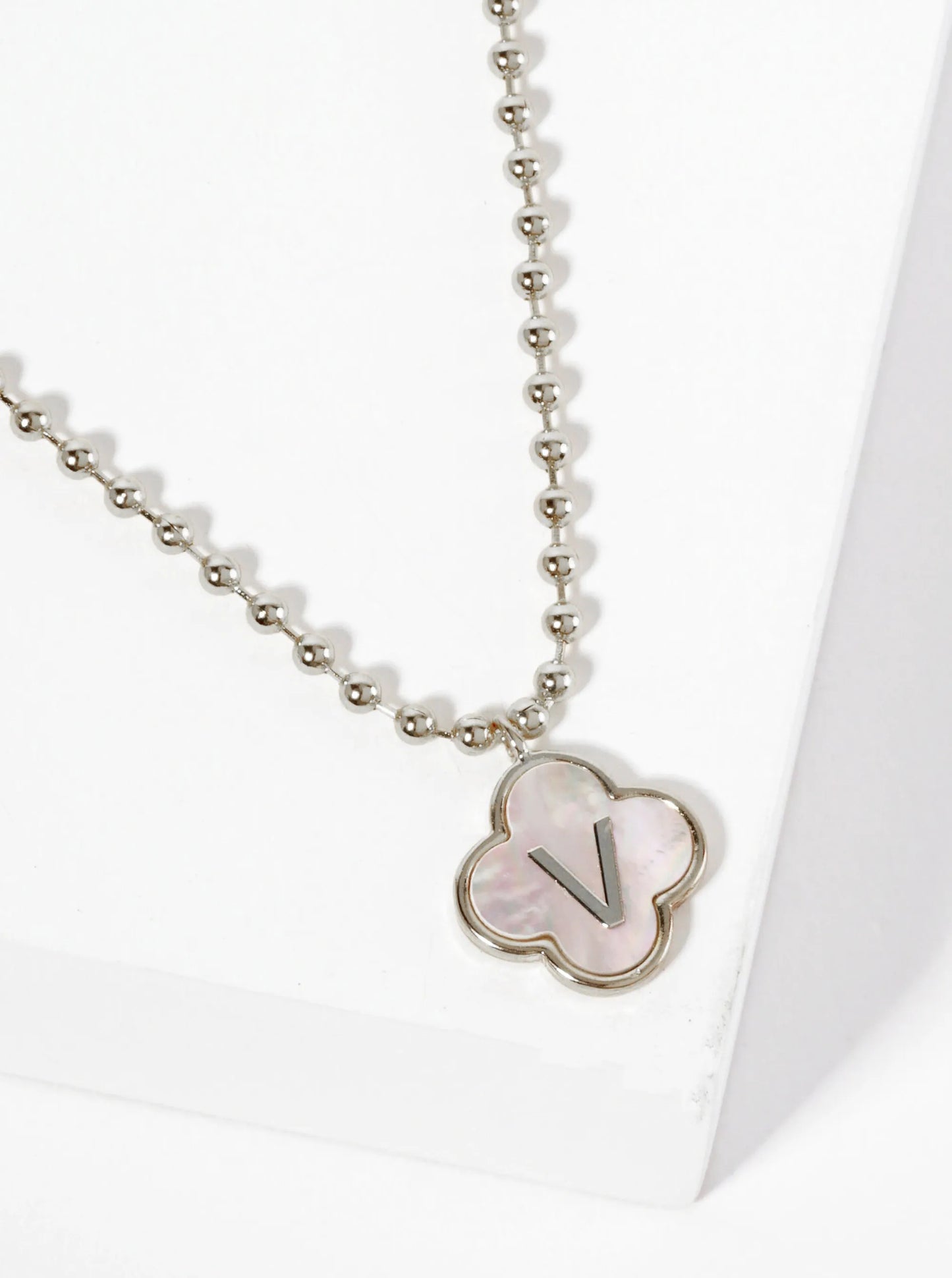 14mm 18K-Gold-Dipped Brass Mother-of-Pearl Quatrefoil Initial Monogram Ball-Chain Necklace