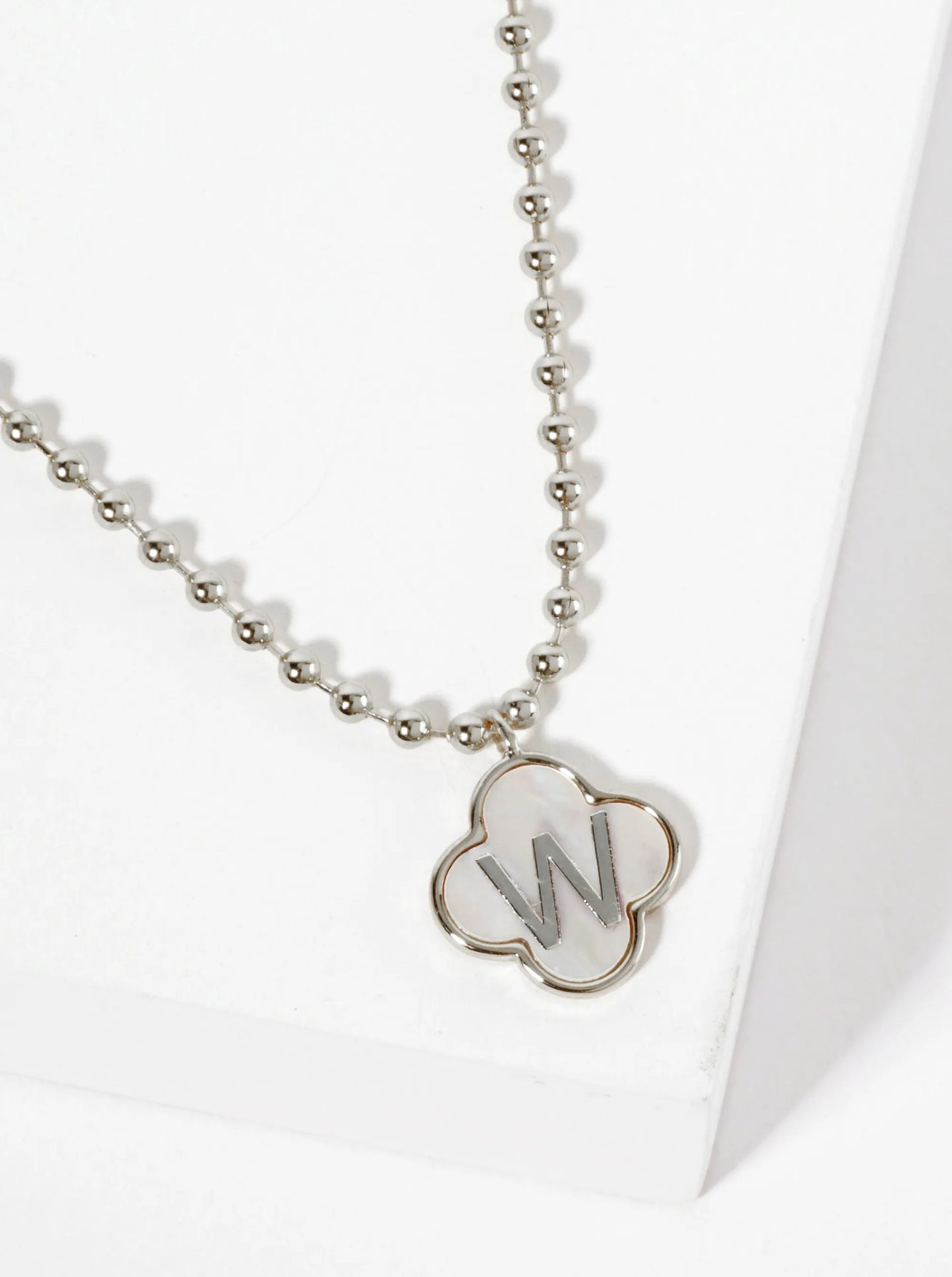 14mm 18K-Gold-Dipped Brass Mother-of-Pearl Quatrefoil Initial Monogram Ball-Chain Necklace