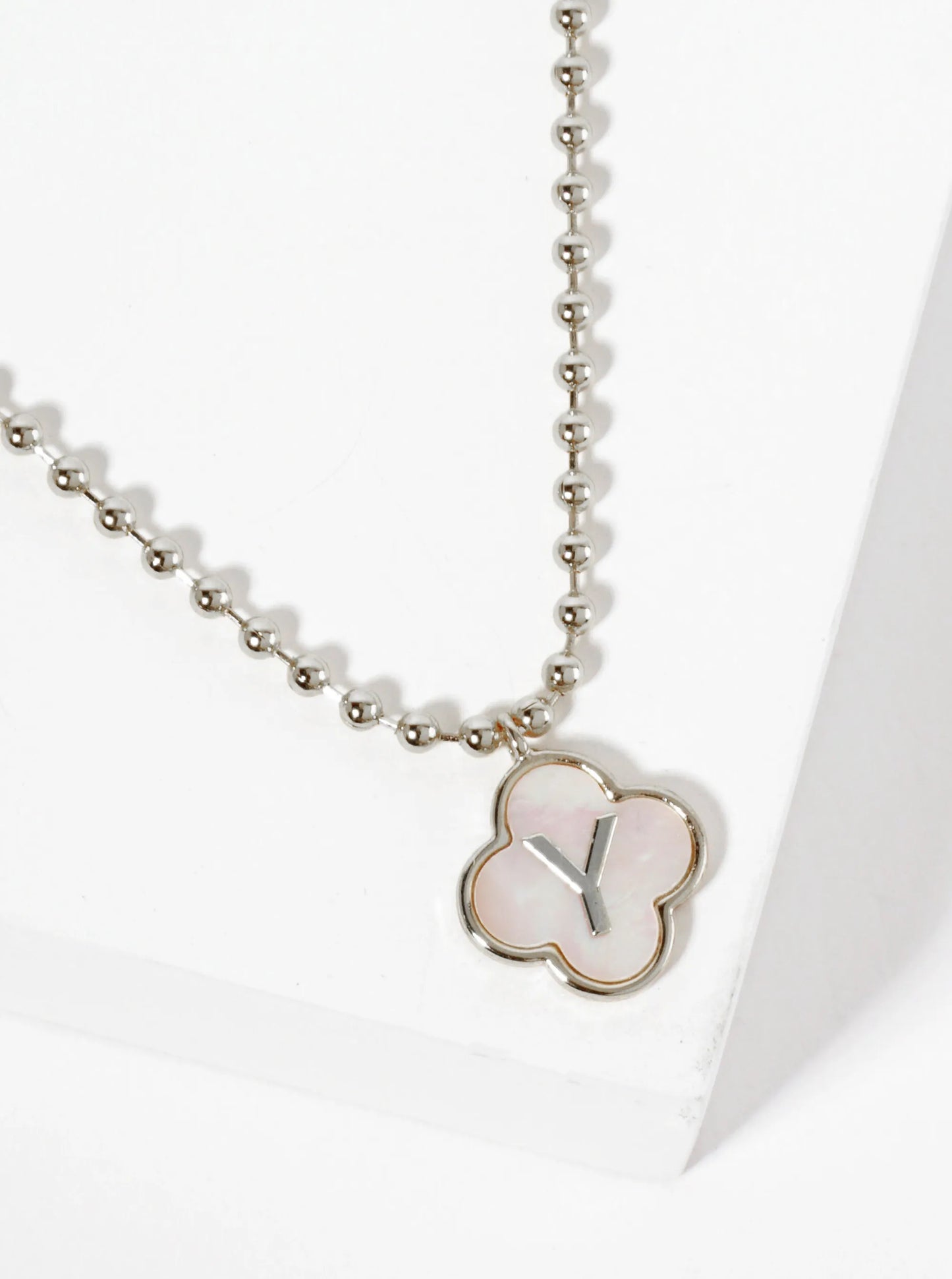 14mm 18K-Gold-Dipped Brass Mother-of-Pearl Quatrefoil Initial Monogram Ball-Chain Necklace