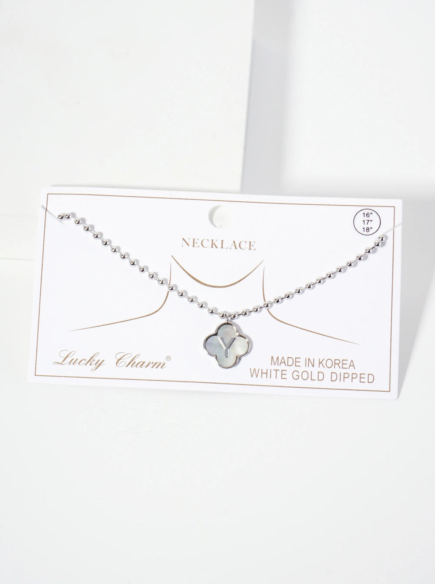 14mm 18K-Gold-Dipped Brass Mother-of-Pearl Quatrefoil Initial Monogram Ball-Chain Necklace