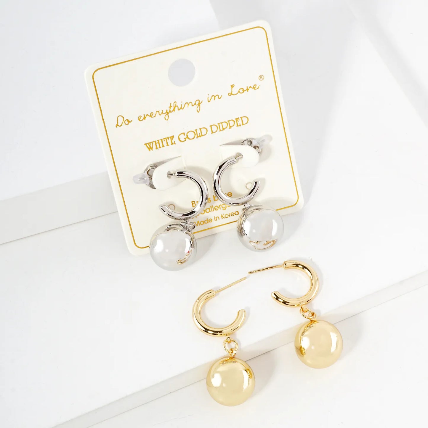 14mm Brass Ball Drop 15mm 14K-Gold-Dipped Hoop Earrings