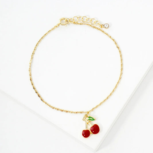 14mm Enamel Cherry Charm 18K-Gold-Dipped Brass Bracelet