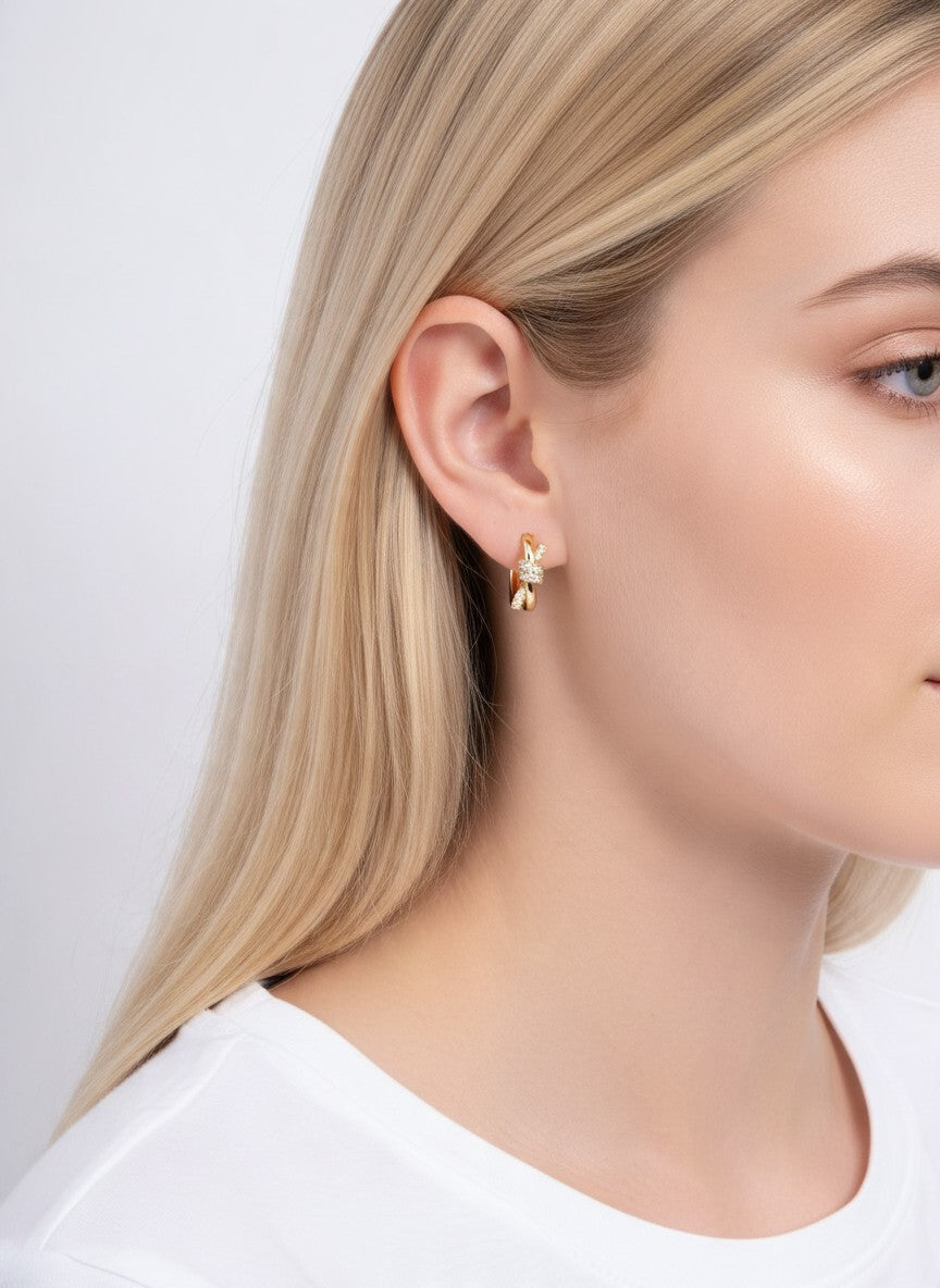 14K Gold Dipped CZ Bow Knot Huggie Earrings - Gold Crystal