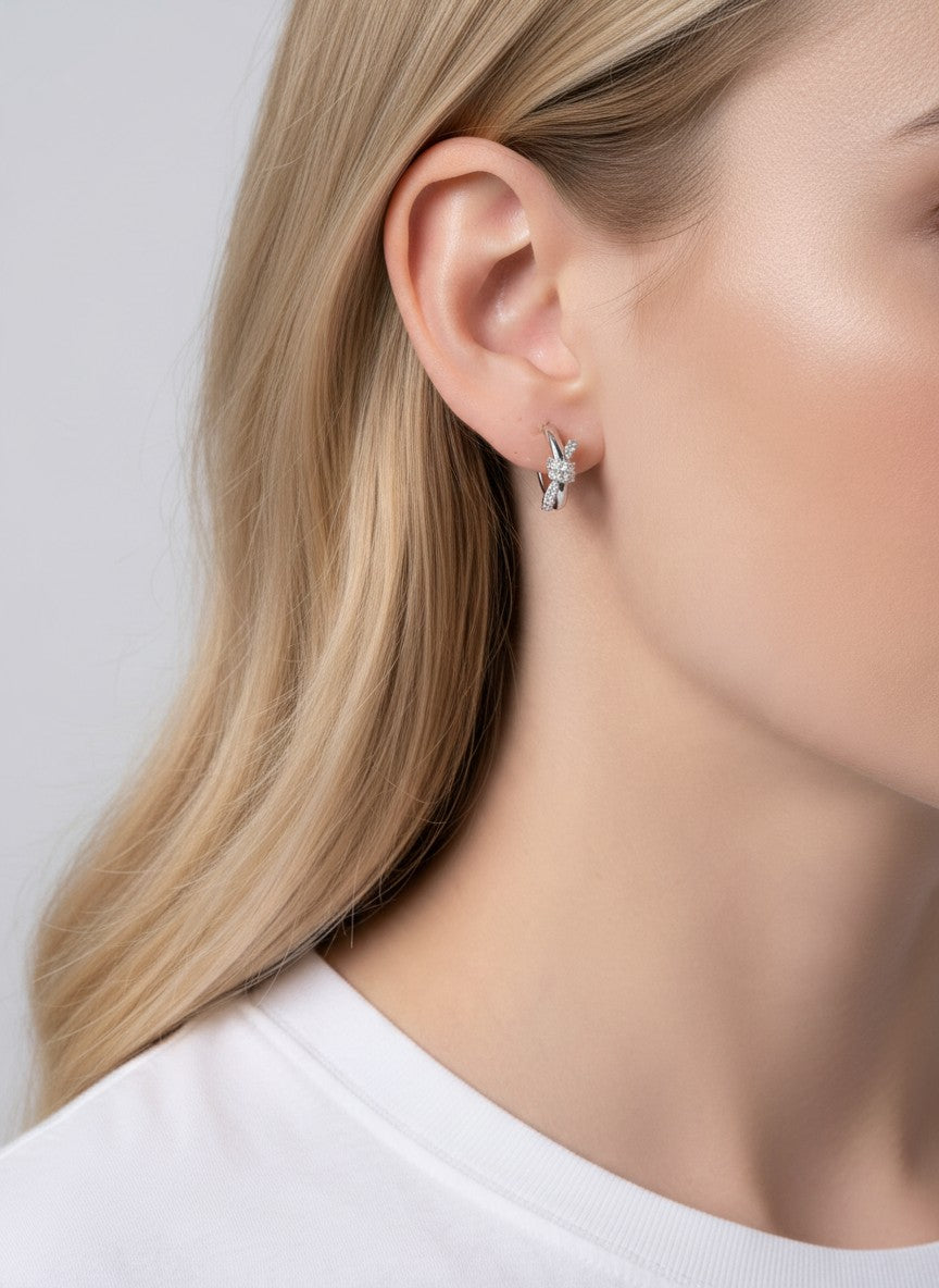14K Gold Dipped CZ Bow Knot Huggie Earrings - Rhodium Crystal