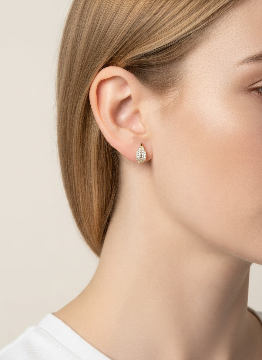 14K Gold Dipped CZ Pave Leaf Stud Earrings - Gold Crystal