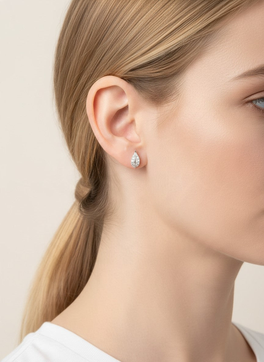 14K Gold Dipped CZ Pave Leaf Stud Earrings - Rhodium Crystal