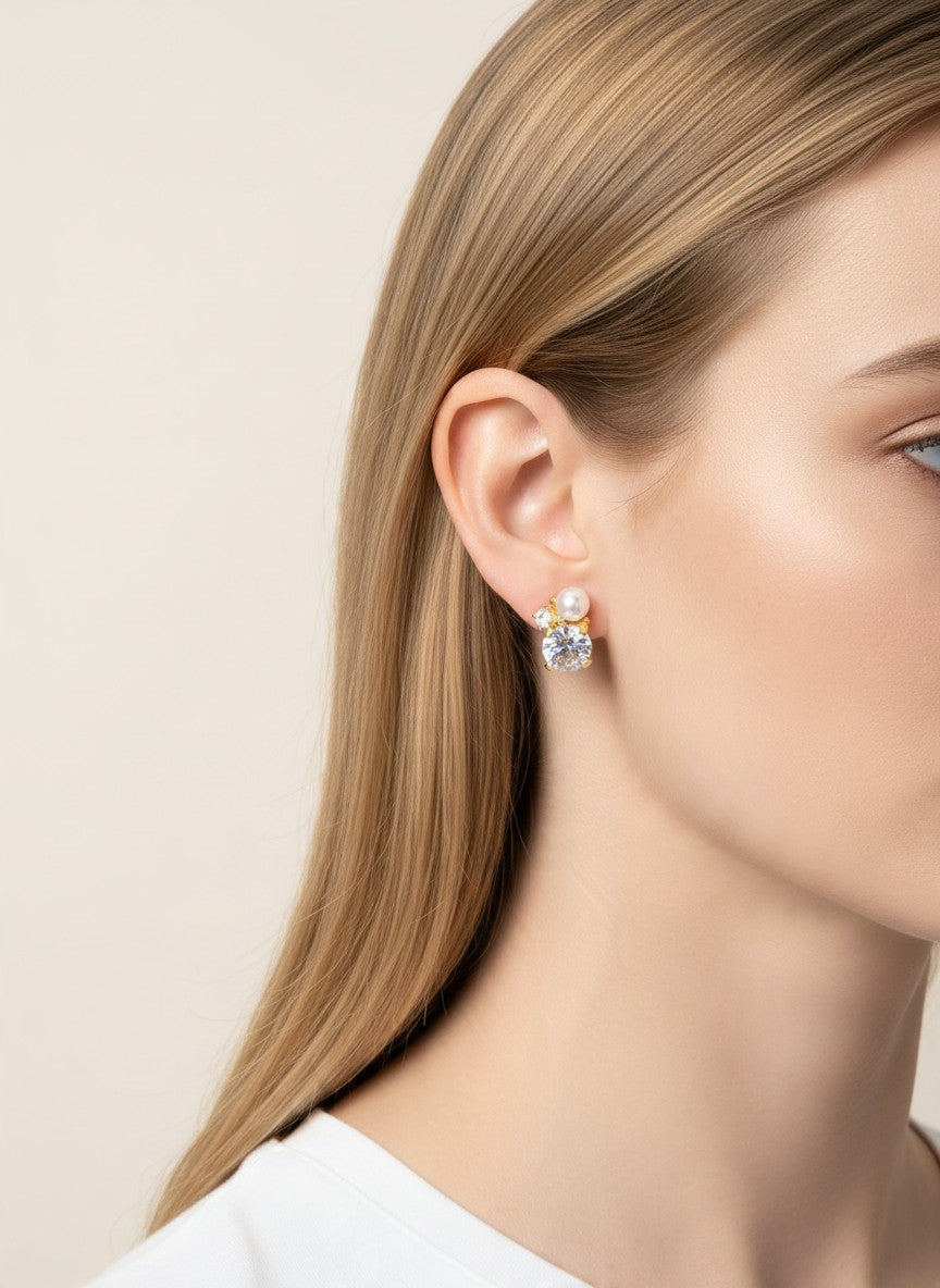 14K Gold Dipped CZ Round Pearl Stud Earrings - Gold White