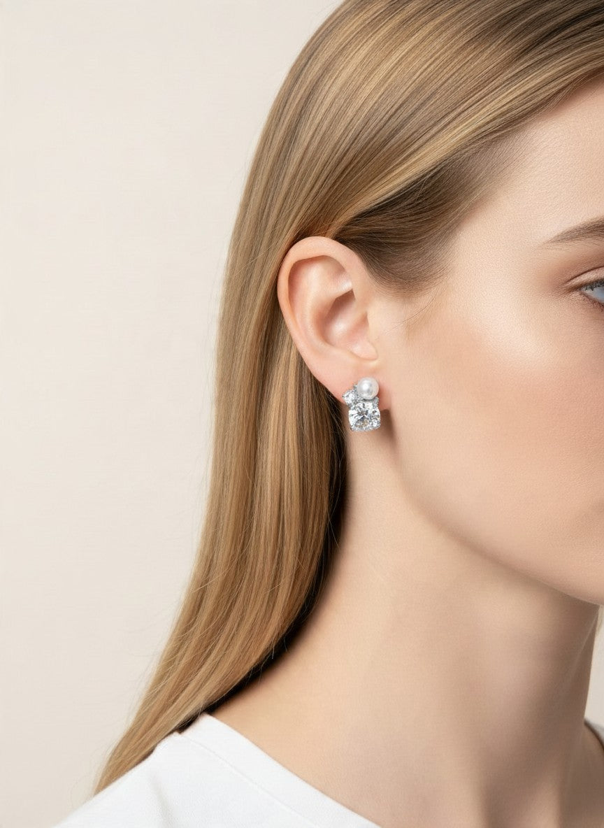 14K Gold Dipped CZ Round Pearl Stud Earrings - Rhodium White