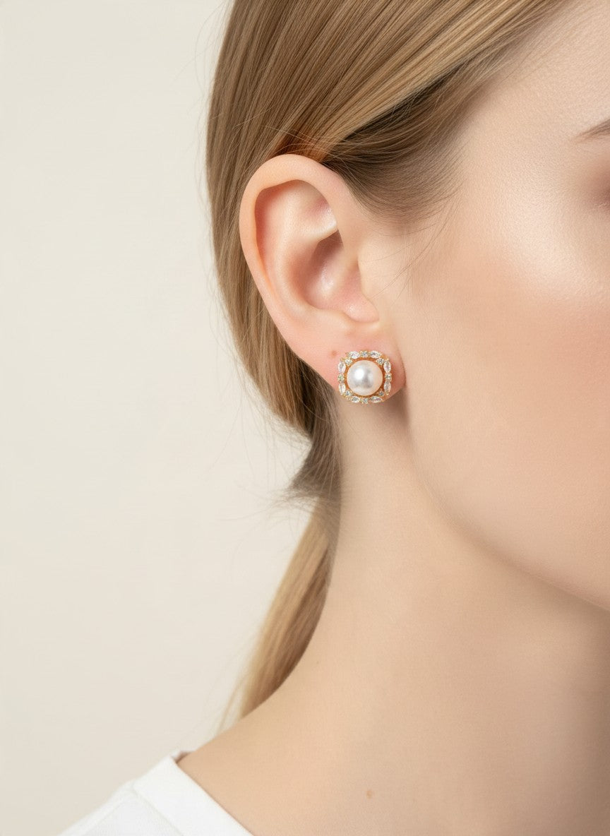 14K Gold Dipped CZ Pearl Round Stud Earrings - Gold White