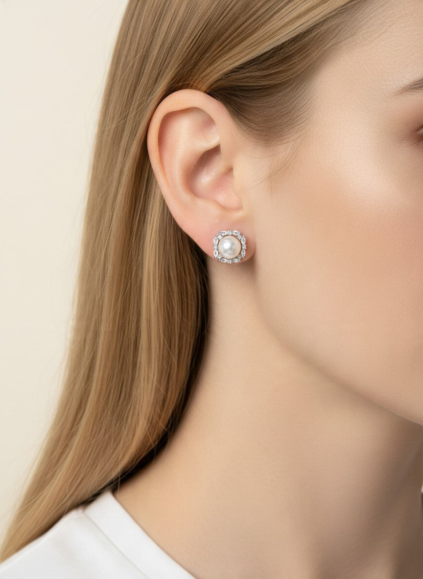 14K Gold Dipped CZ Pearl Round Stud Earrings - Rhodium White