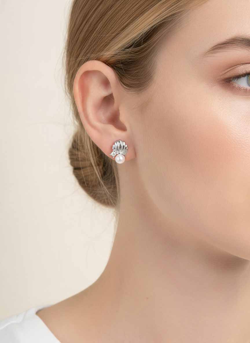 14K Gold Dipped CZ Pearl Seashell Stud Earrings - Rhodium White