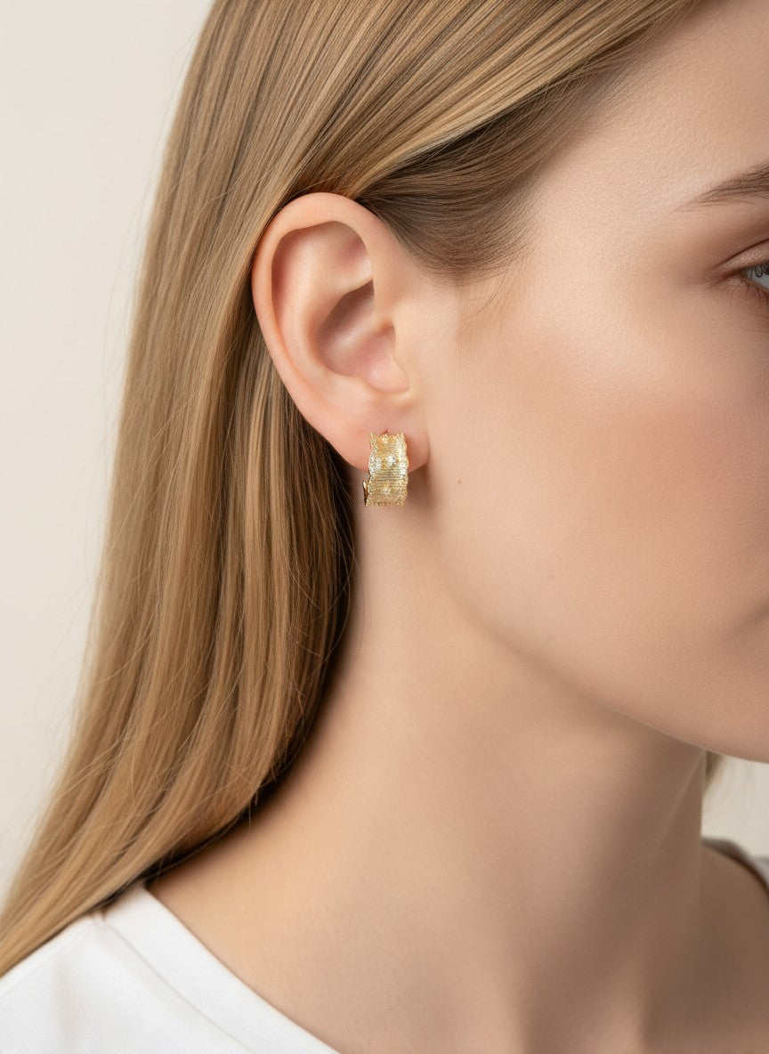 14K Gold Dipped CZ Ribbed Wide Hoop Earrings - Gold Crystal