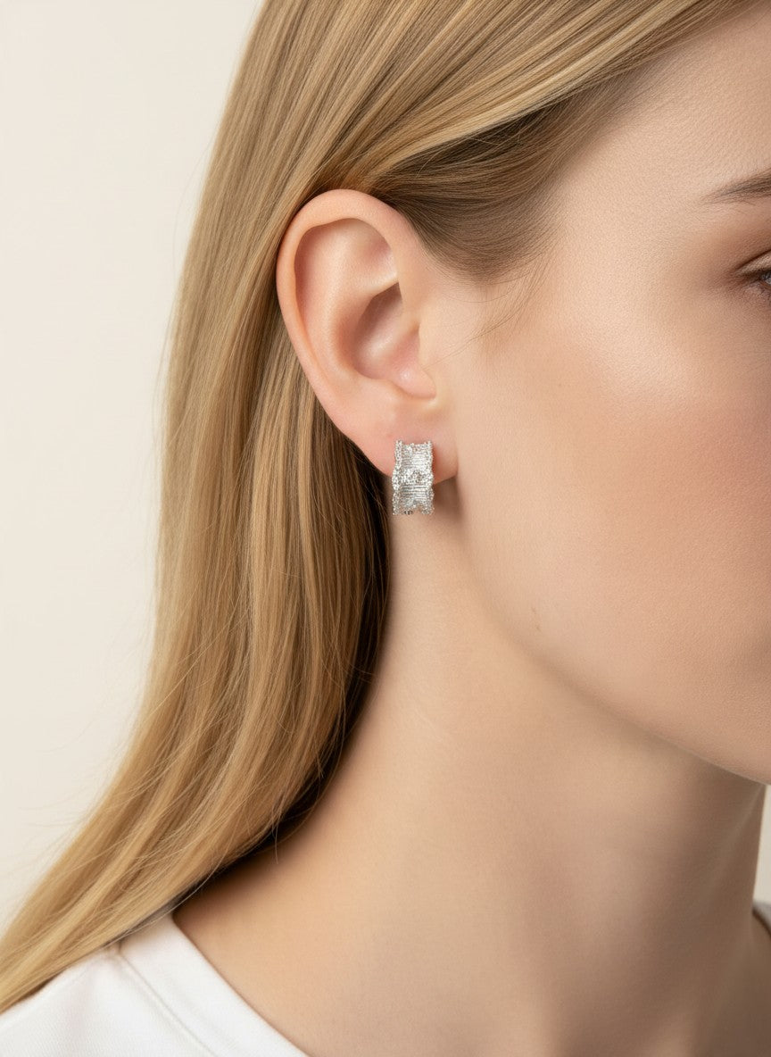 14K Gold Dipped CZ Ribbed Wide Hoop Earrings - Rhodium Crystal