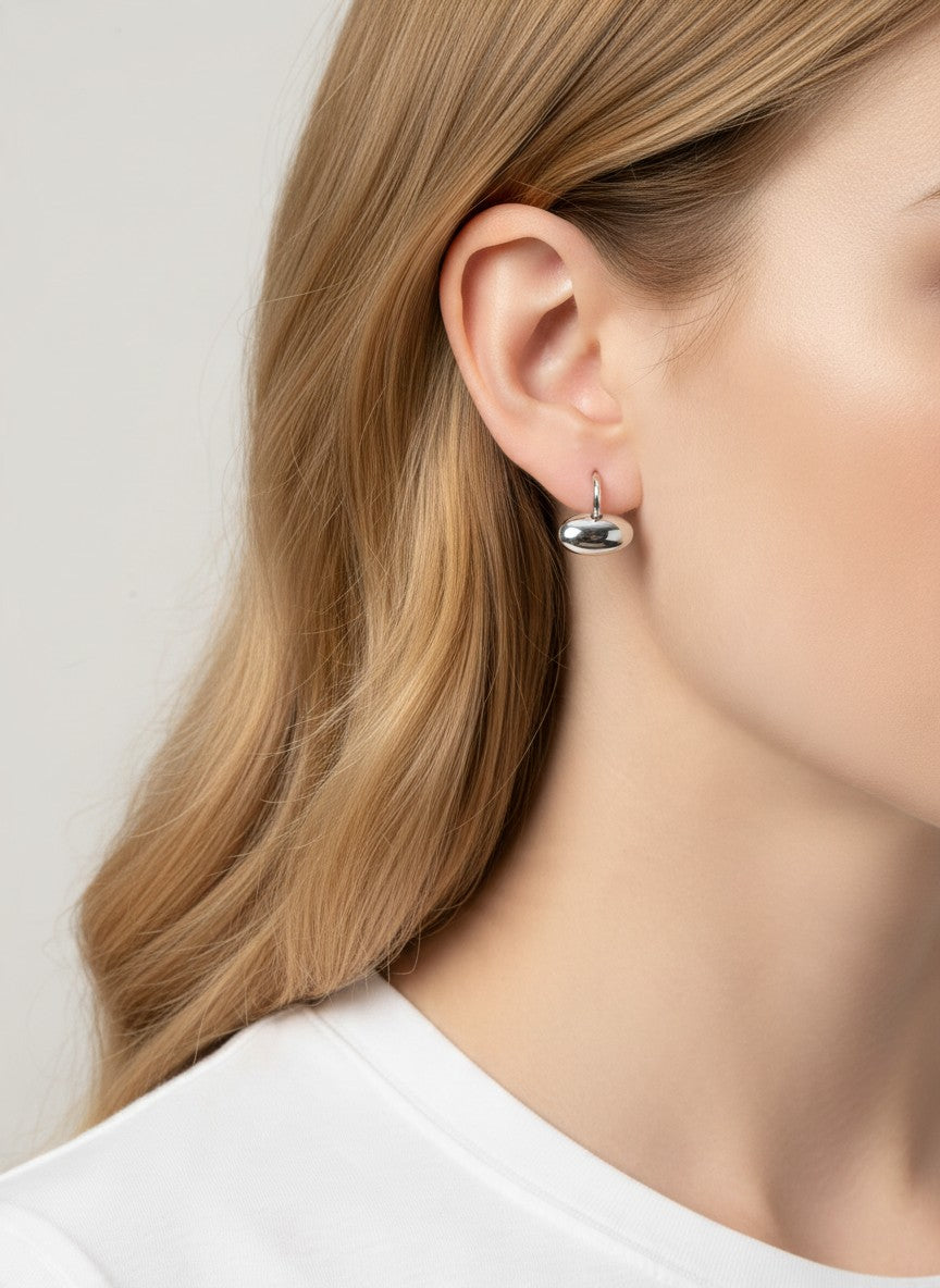 14K Gold Dipped Polished Oval Hoop Drop Earrings - Rhodium