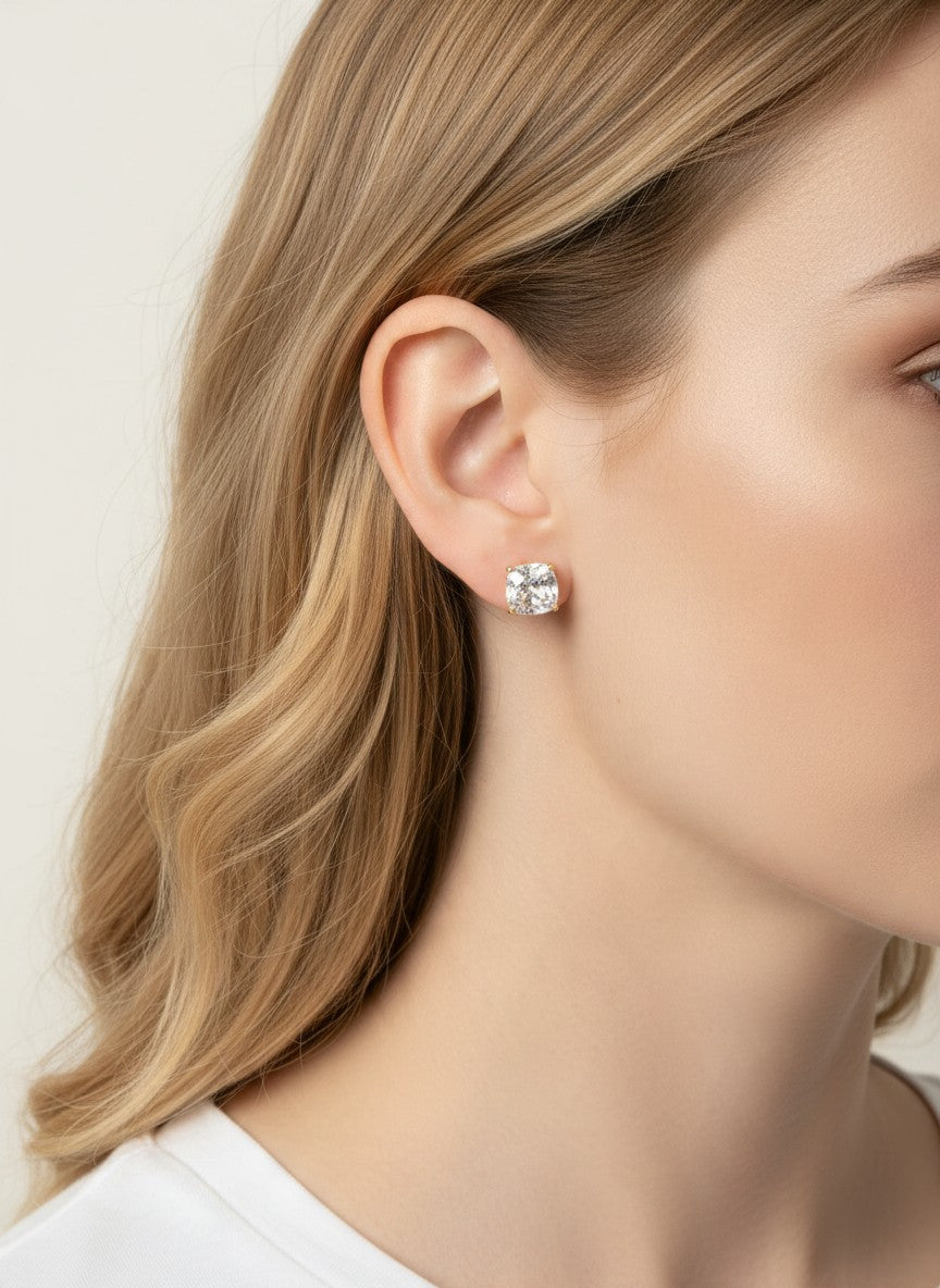 18K Gold Dipped CZ Cushion Cut Stud Earrings - Gold Crystal