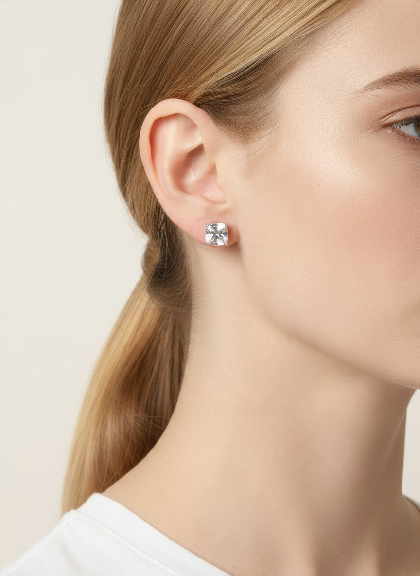 18K Gold Dipped CZ Cushion Cut Stud Earrings - Rhodium Crystal